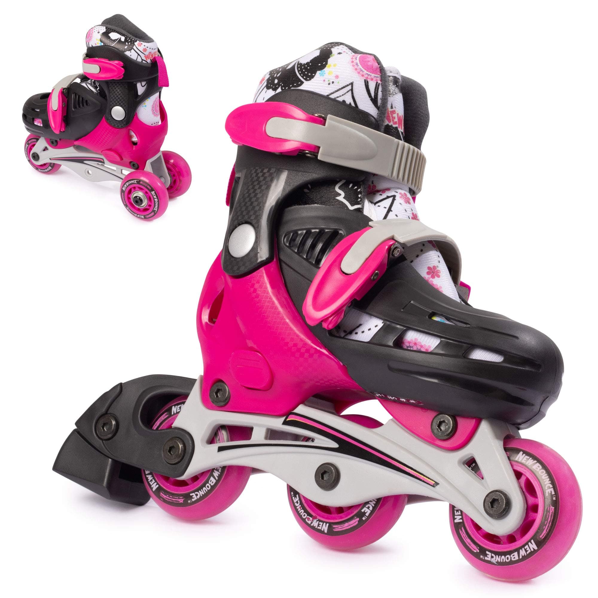 New Bounce Roller Skates for Little Kids - Shoe Size EU 28-31, US Kids Junior Size 8-11, 2-in-1 Roller Skates for Girls, Converts from Tri-Wheel to Inline Skates - Rollerskates for Beginner