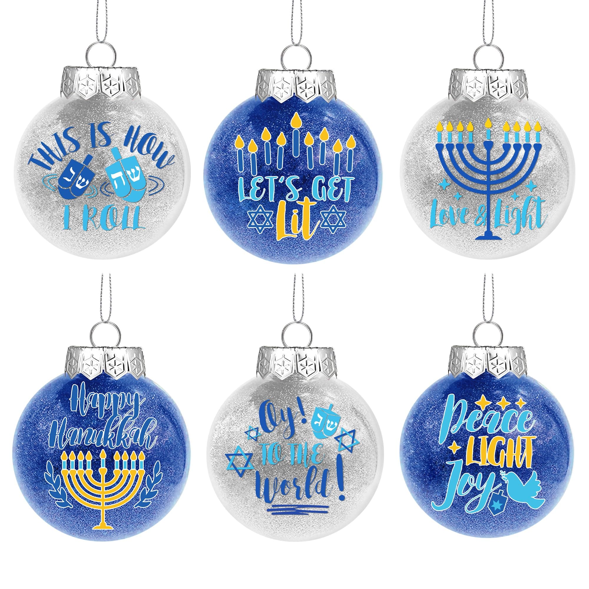 12PCS Hanukkah Ball Ornaments - Glitter Blue Silver Shatterproof Chanukah Ornaments for Home Tree, Jewish Hanukkah Decorations Menorah Dreidel Happy Hanukkah Hanging Balls Baubles for Christmas Tree