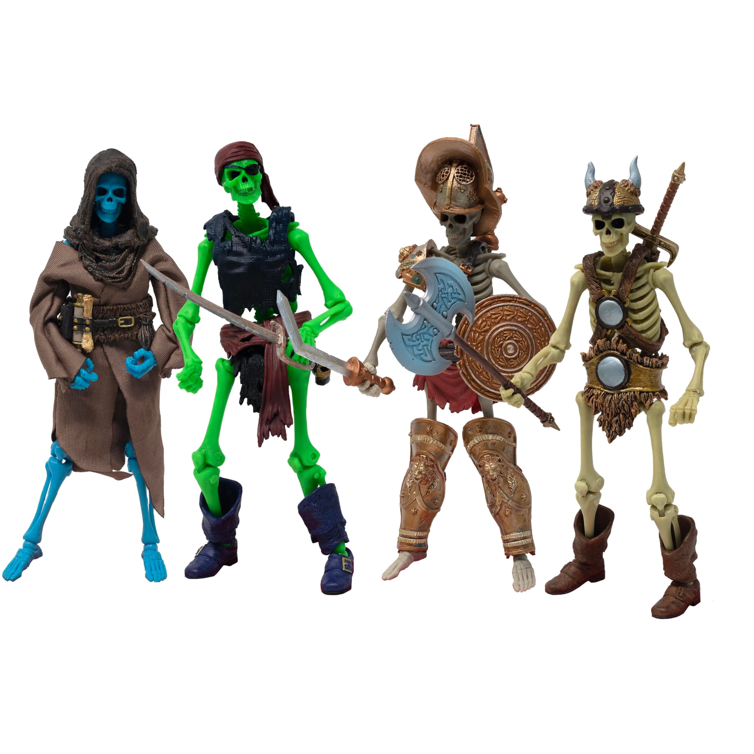 Epic H.A.C.K.S. Set of 4 - Grim Spectre, Pirate, Gladiator, Barbarian Skeletons - Highly Articulated Collectible Figurines with Accessories, Alternate Heads and Hands - 1:12