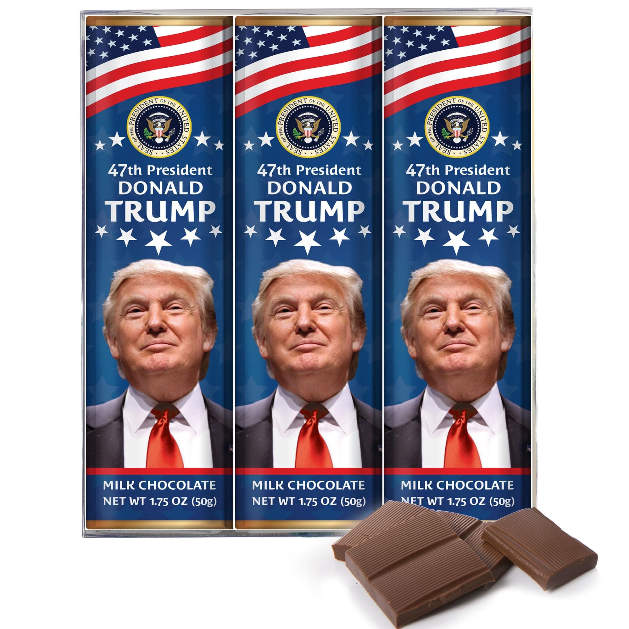 President Trump Milk Chocolate Bar - 47th Presidential Collection - Hand-Wrapped Sweet Treats Gift Pack - Trump 47 Election Party Choco Snack Bars & Merchandise - 1.75 oz each - 3 Bars Pack