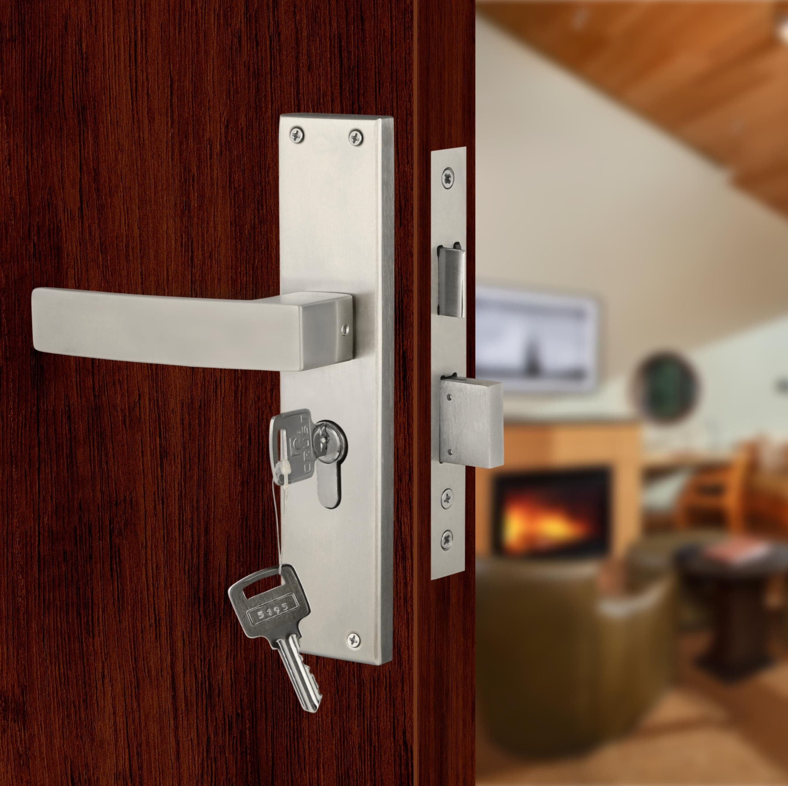 Blue Space Premium 8" Cylindrical Mortise Door Lock Handle Set with Brass Lock Body and One Side Key 60mm Cylinder Set with 3 Computer Keys (LB10001, Matt Satin)