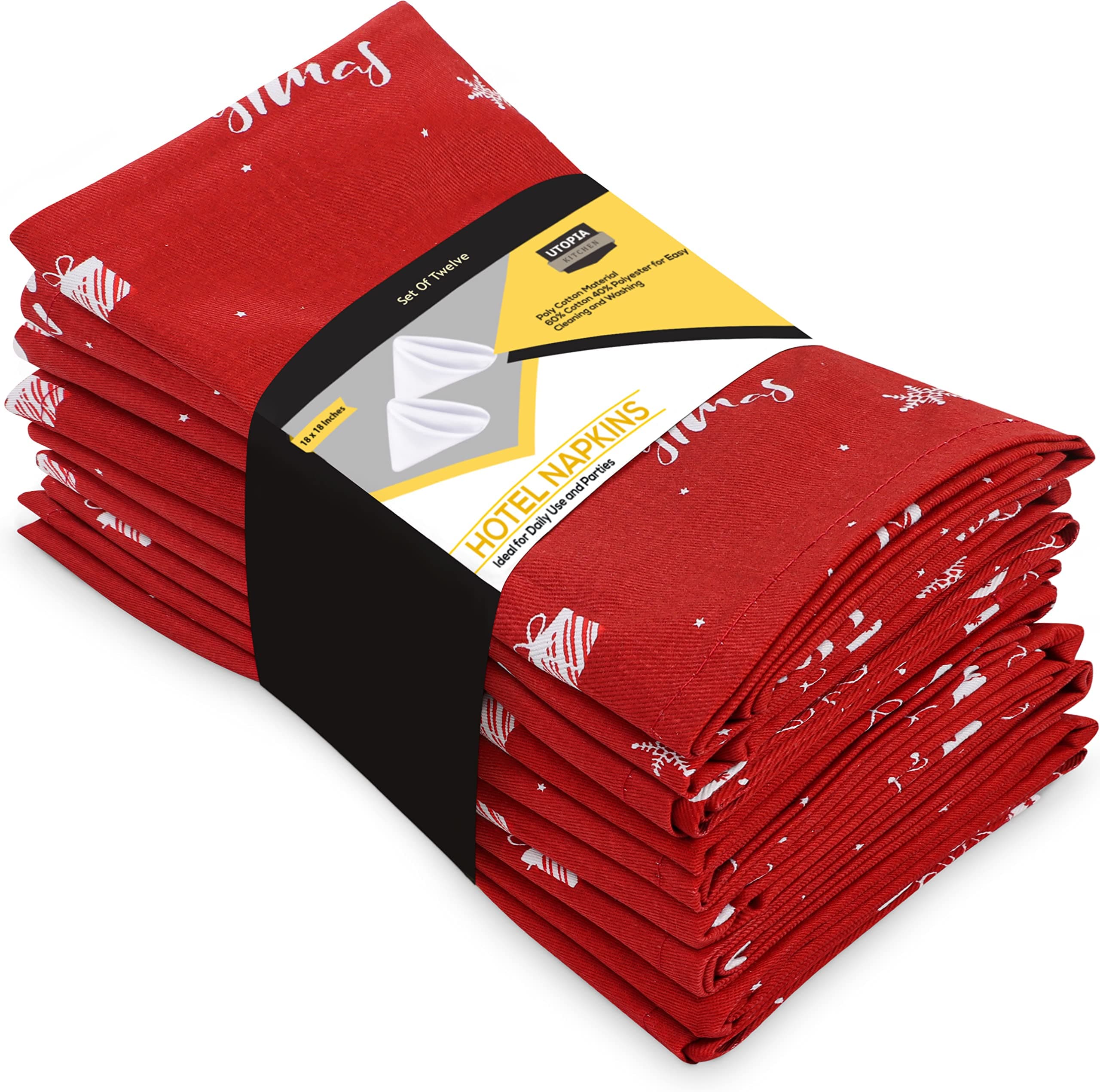 Utopia Kitchen Merry Christmas Cloth Napkins [12 Pack, 18x18 Inch] Cotton Blend Washable and Reusable Table Dinner Napkins for Hotel, Lunch, Restaurant, Weddings, Event and Parties