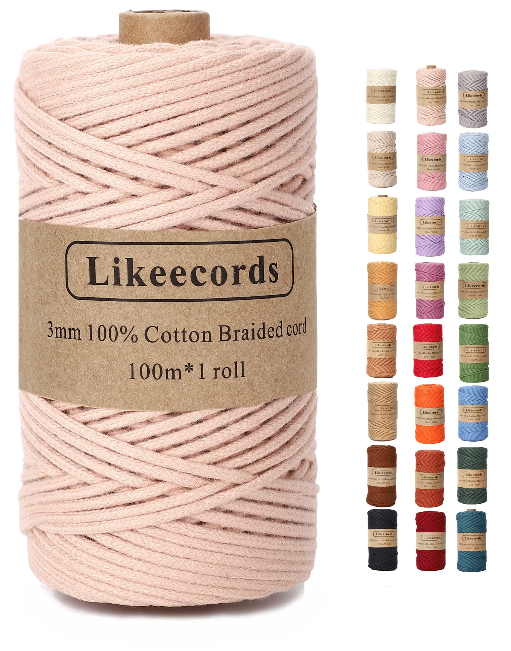 Braided Cotton Cord 3mm×109 Yards Natural Macrame Cotton Cord Bohemia Macrame Rope for Handmade Plant Hangers Wall (Lotus Pink)
