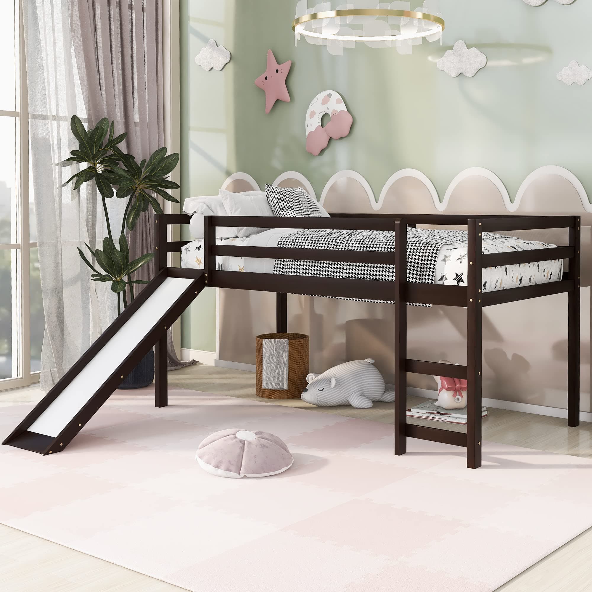 Bellemave Low Loft Bed with Slide,Twin Size Loft Bed Wood Bed for Kids, Wood Low Loft Bed Frame with Ladder & Safety Guard Rail (Espresso)
