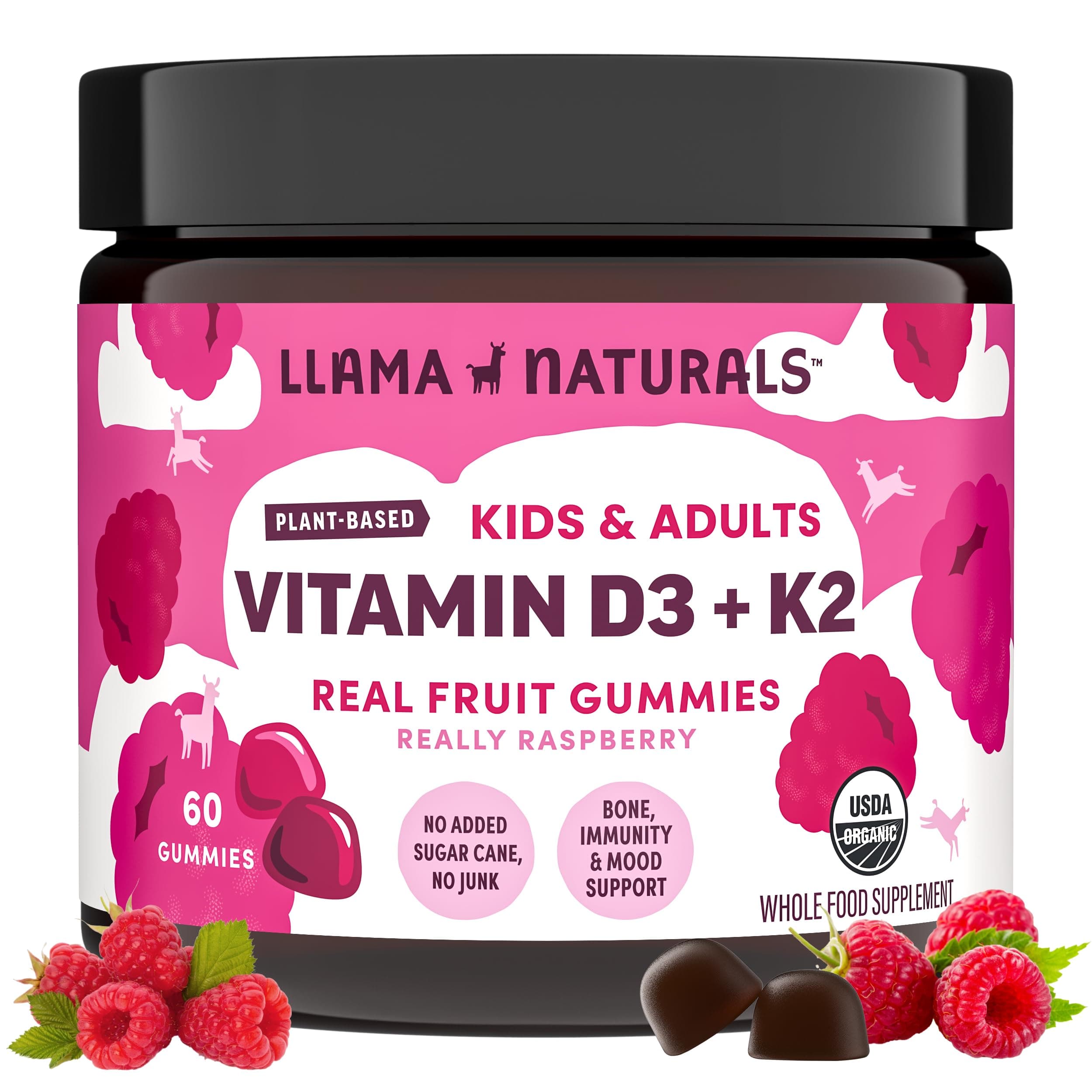 - Llama Naturals Vitamin D3, Vegan, Organic Immune Support Supplement, Vitamin D Gummies for Adults and Kids, Real Fruit Gummy Vitamins, Promotes Bone Health, No Added Sugar Cane, Raspberry, 60 Ct