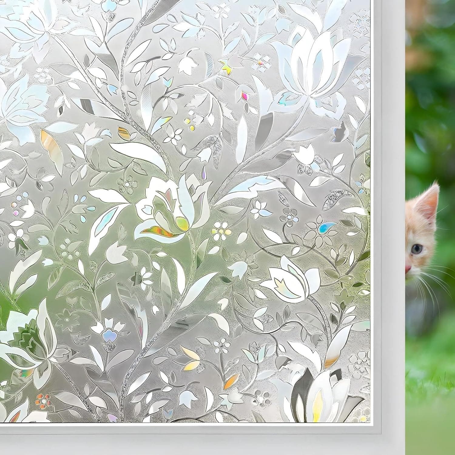 Niviy Window Film Floral Decorative Window Privacy Film 12 x 78.7 inches Front Door Glass Privacy Film Vinyl Non-Adhesive Stained Glass Renter Friendly Window Cling