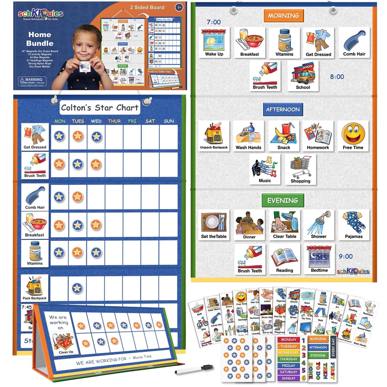 SchKIDules Magnetic Visual Schedule & Reward Chart for Home w/129 Colorful Magnets & 2-Sided 18” Folding Board; for Daily Routines, Chores, Behavioral Supports, Kids Calendar, ADHD & Autism Tools