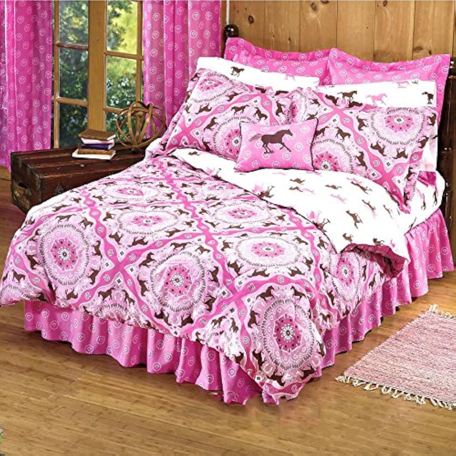 Country Livivng Girls 8 Piece Queen Size(86"x86") Pink Brown Pony Horse Bandana Equestrian Bedding Comforter Set & Sheets (Bed in a Bag) (1, Queen Size)