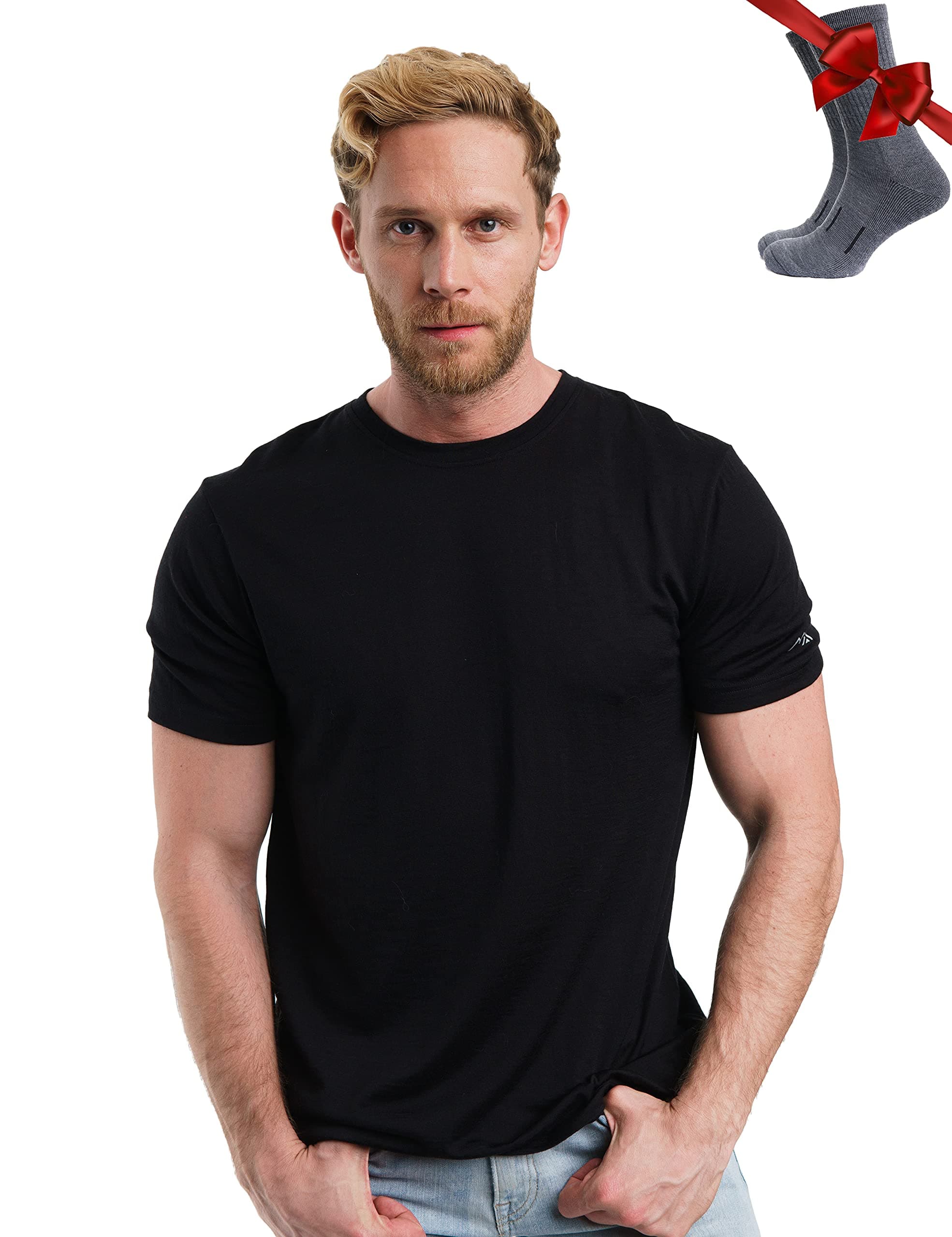 Merino Wool T-Shirt Mens - Merino Wool Undershirt Thermal Shirt for Men and Hiking Socks