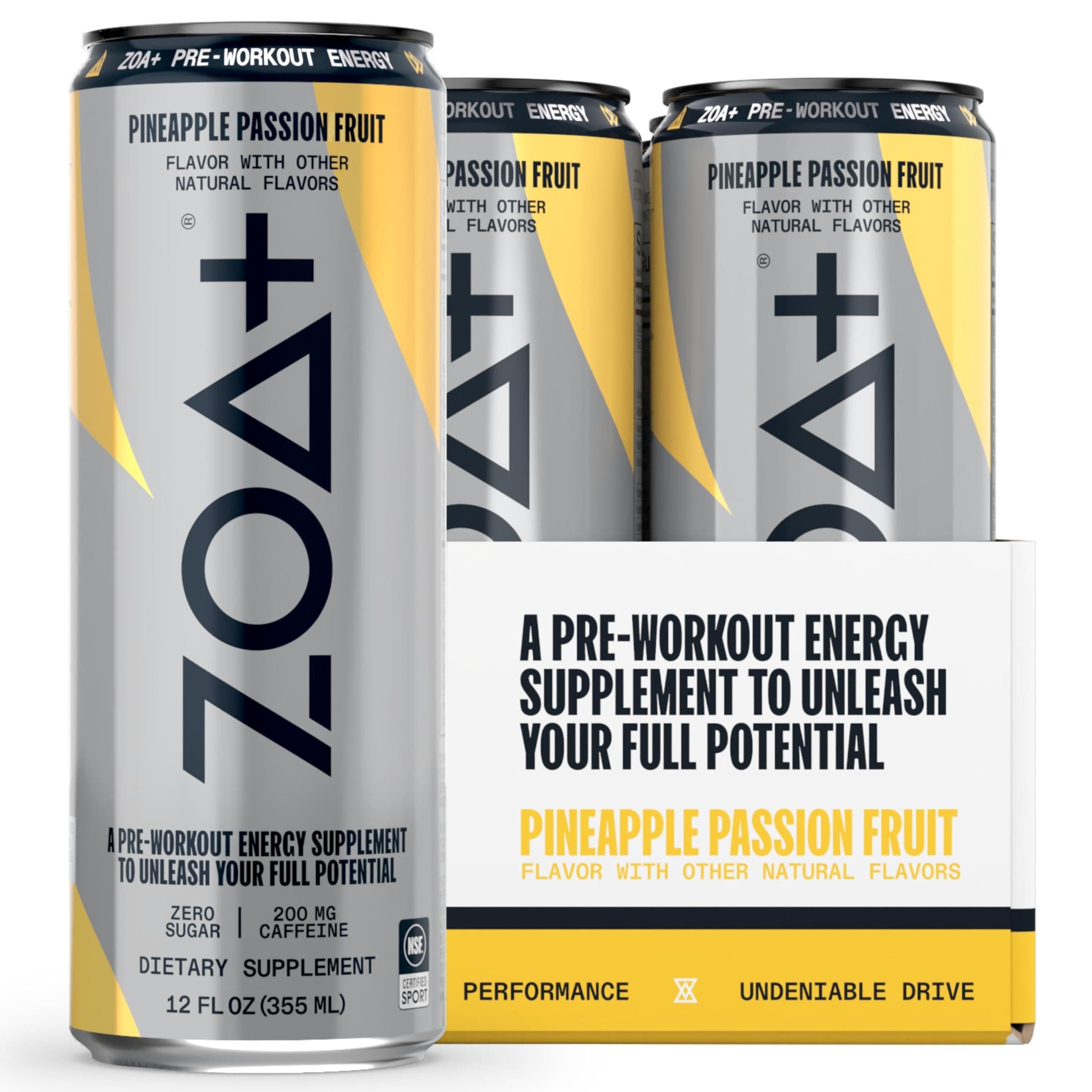 ZOA+ Pre-Workout Energy Drink Supplement - NSF Certified for Sport with Zero Sugar, Nitric Oxide Support, B & D Vitamins, Amino Acids, and Electrolytes (Pineapple Passion Fruit) - 12 pack