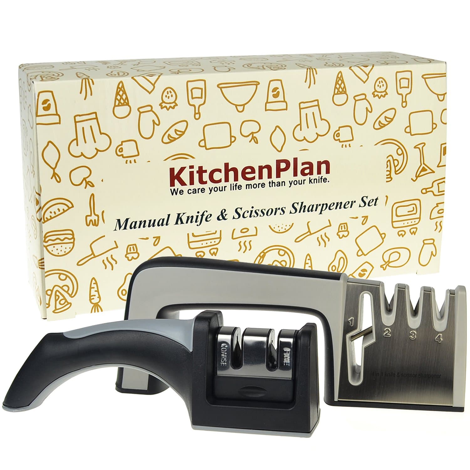 KitchenPlan Knife / Scissors Sharpeners Set - Sharpen Stainless Steel Knives and Scissors in All Sizes || Bonus 2 Stage Detachable Knife Sharpening System Sharpener (2 Units in 1 Set) | Black