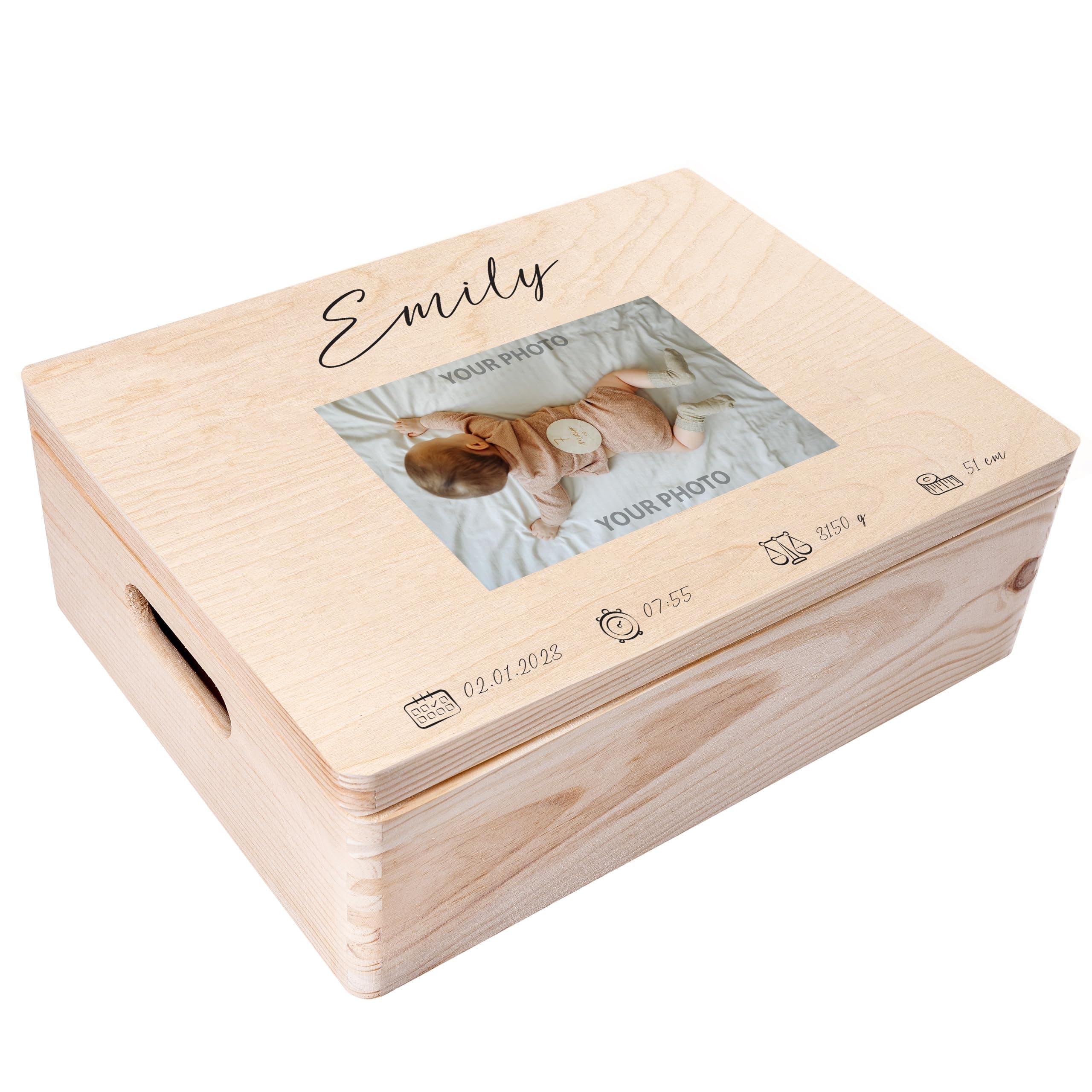Creative Deco Personalised Photo Baby Memory Box | Custom Image Keepsake Boxes | Unique Gift for Newborn Boy or Girl | Customised Wooden Storage Box with Hinged Lid | UV Print
