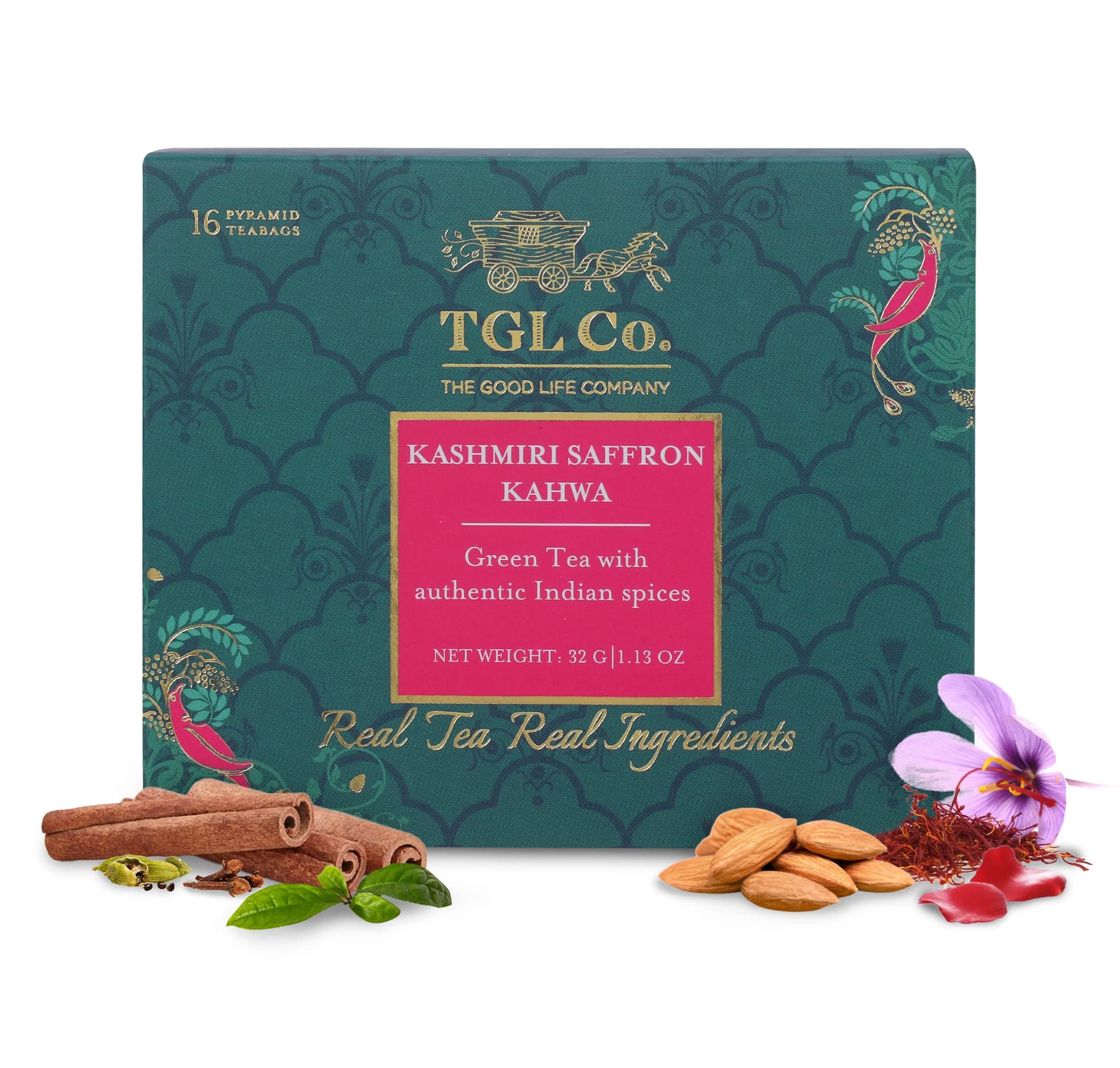 TGL Co. The Good Life Company Kashmiri Kahwa Green Tea, 16 Tea Bags (15 Tea Bags With 1 Exotic Sample), 80 Grams