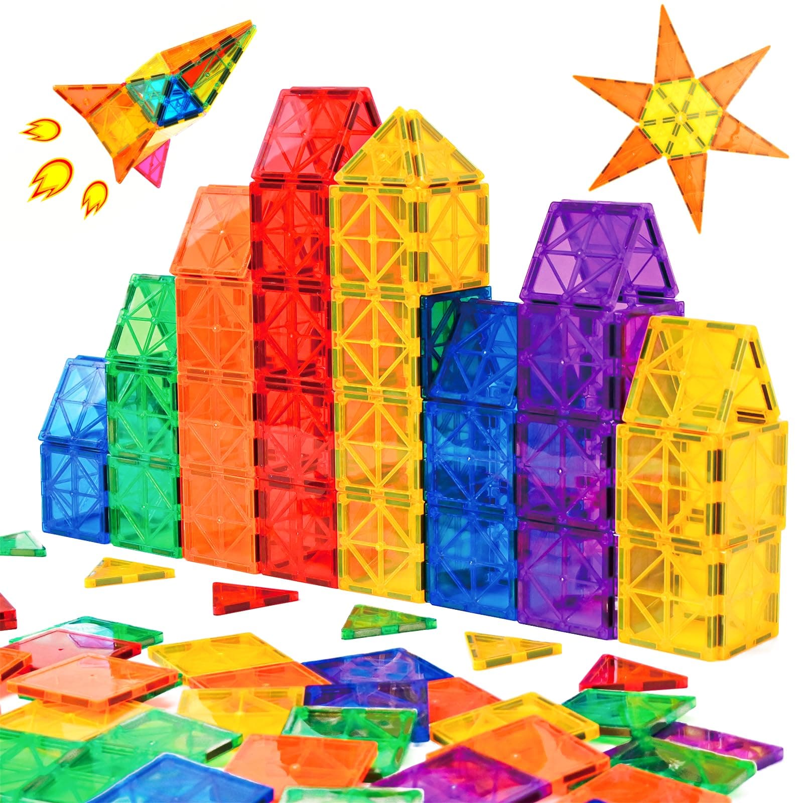Gemmicc Magnetic Tiles, Magnet Toys Building Blocks for Kids, STEM Approved Educational Toys, Magnet Puzzles Stacking Blocks for Boys Girls,55 PCS Starter Set