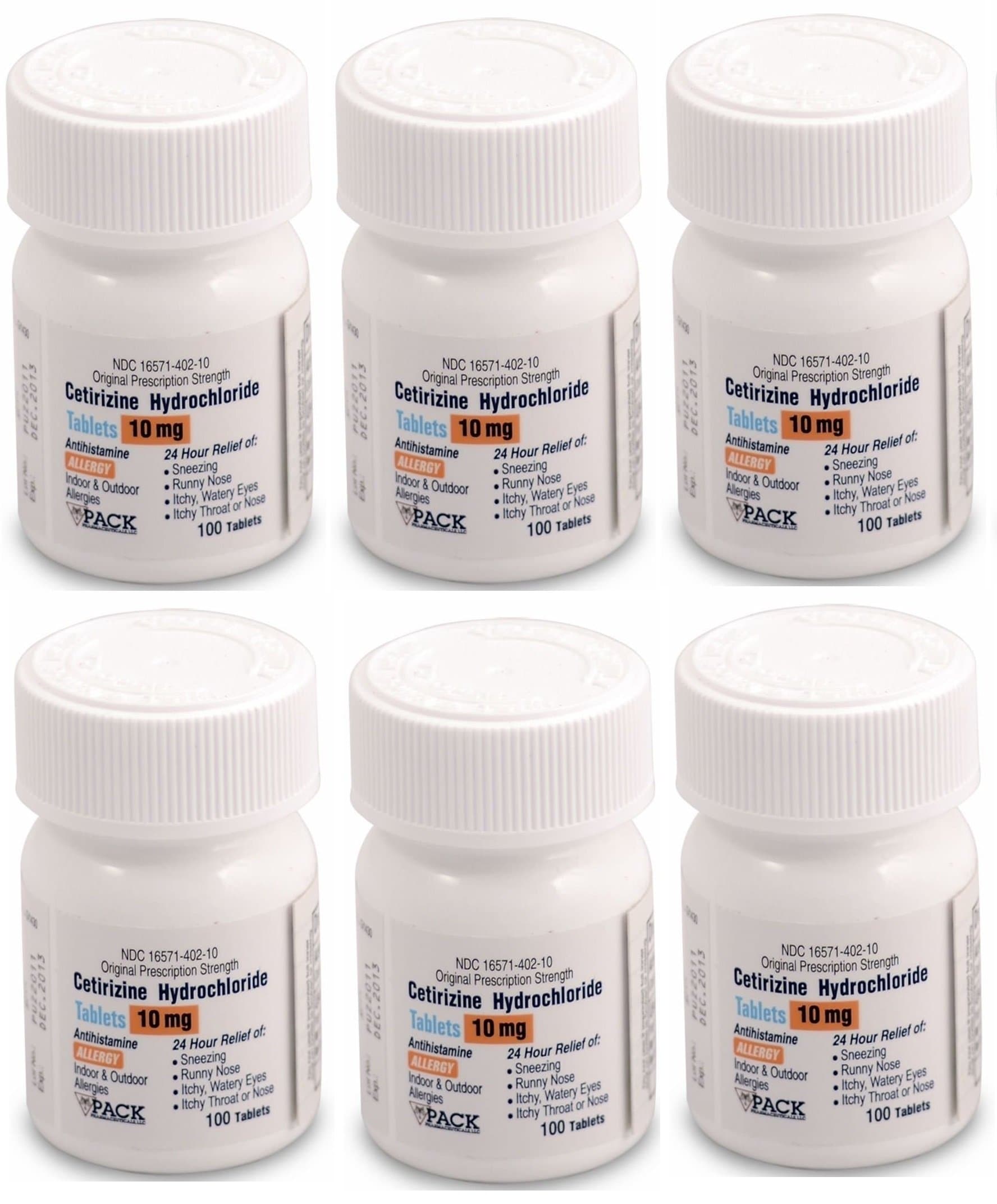 Cetirizine 10 mg Antihistamine Tablets 24 Hour Allergy Tablets 100 Tablets per Bottle Pack of 6 Total 600 Tablets