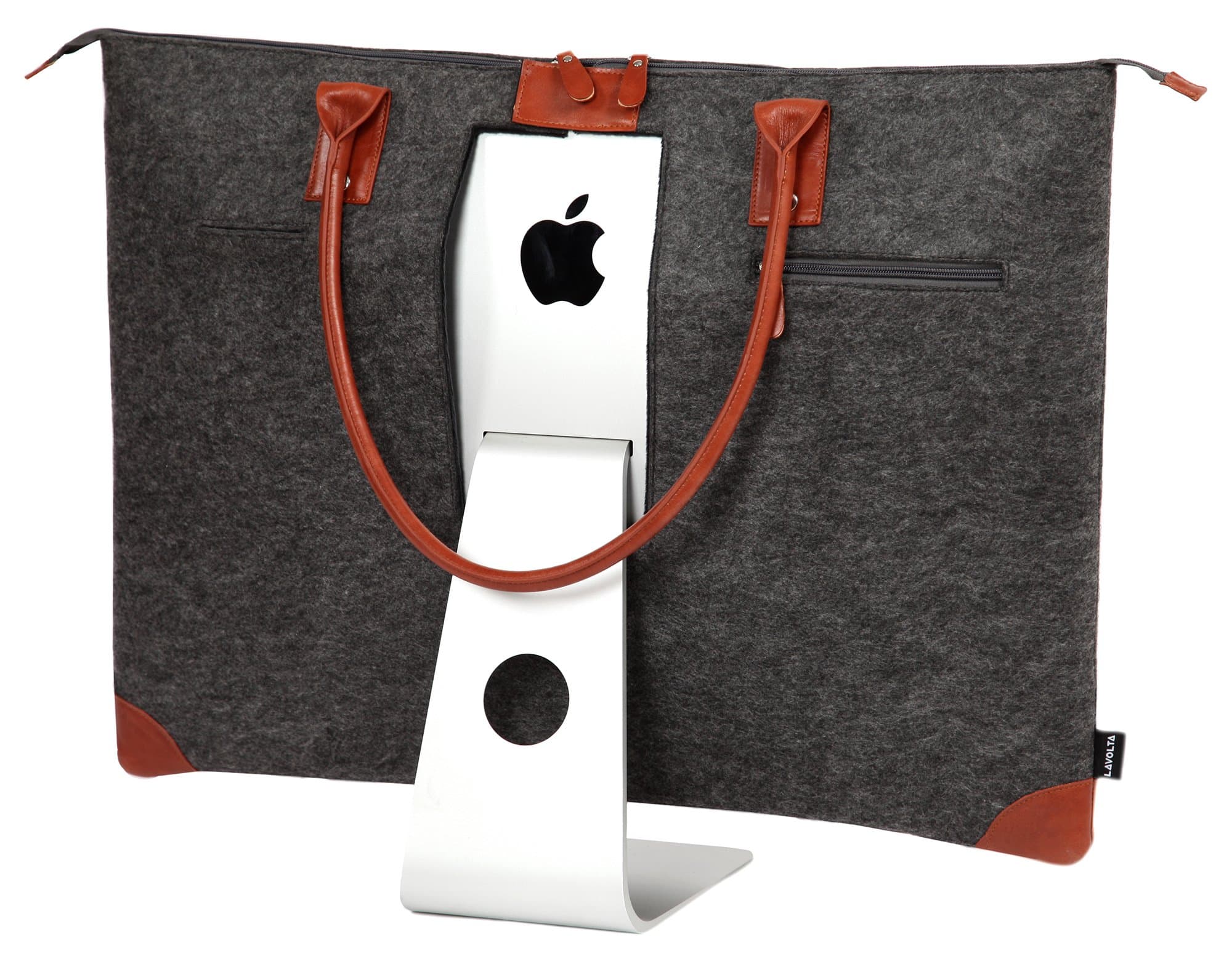 Lavolta Carrying Case Bag for Apple iMac 27-inch - Handmade Genuine Leather and Wool Felt - fits iMac 27" Retina 5K & 27" Thunderbolt Display - with Protective Lining & Pockets for iMac Accessories