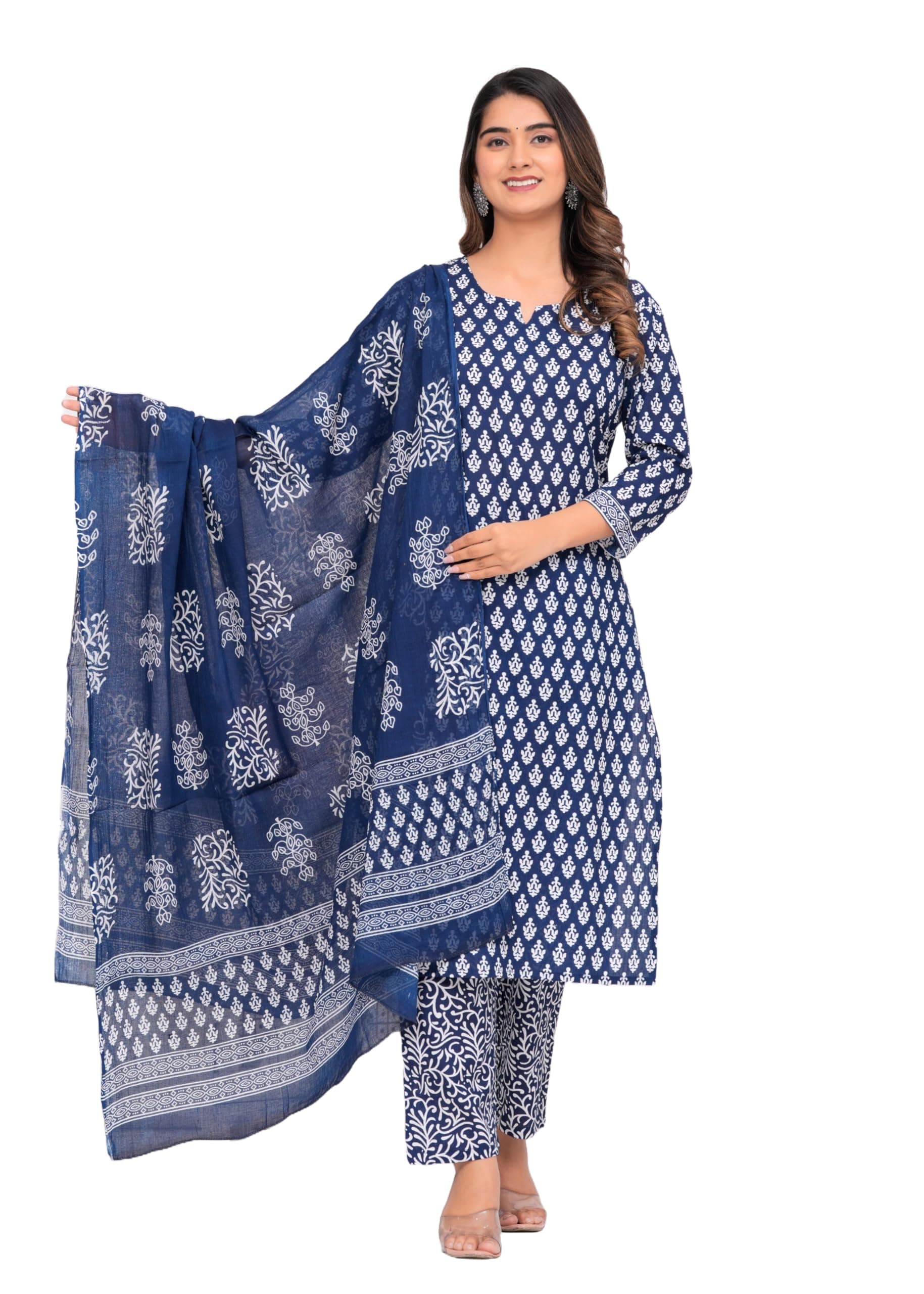 Women's Cotton Printed Straight Kurta With Palazzo & Dupatta Set
