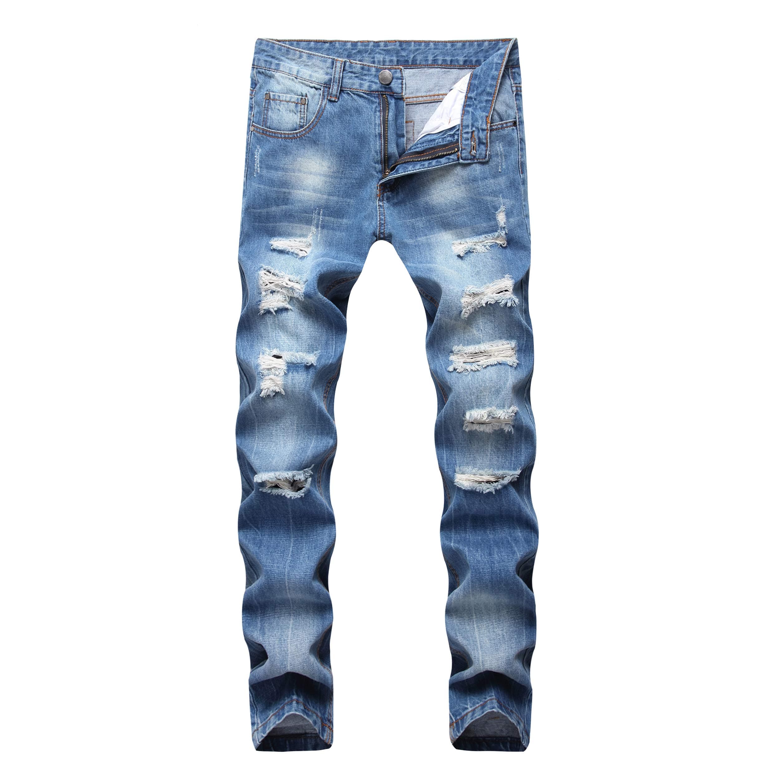 DANT BULUN Men's Ripped Distressed Destroyed Slim Fit Straight Leg Denim Jeans