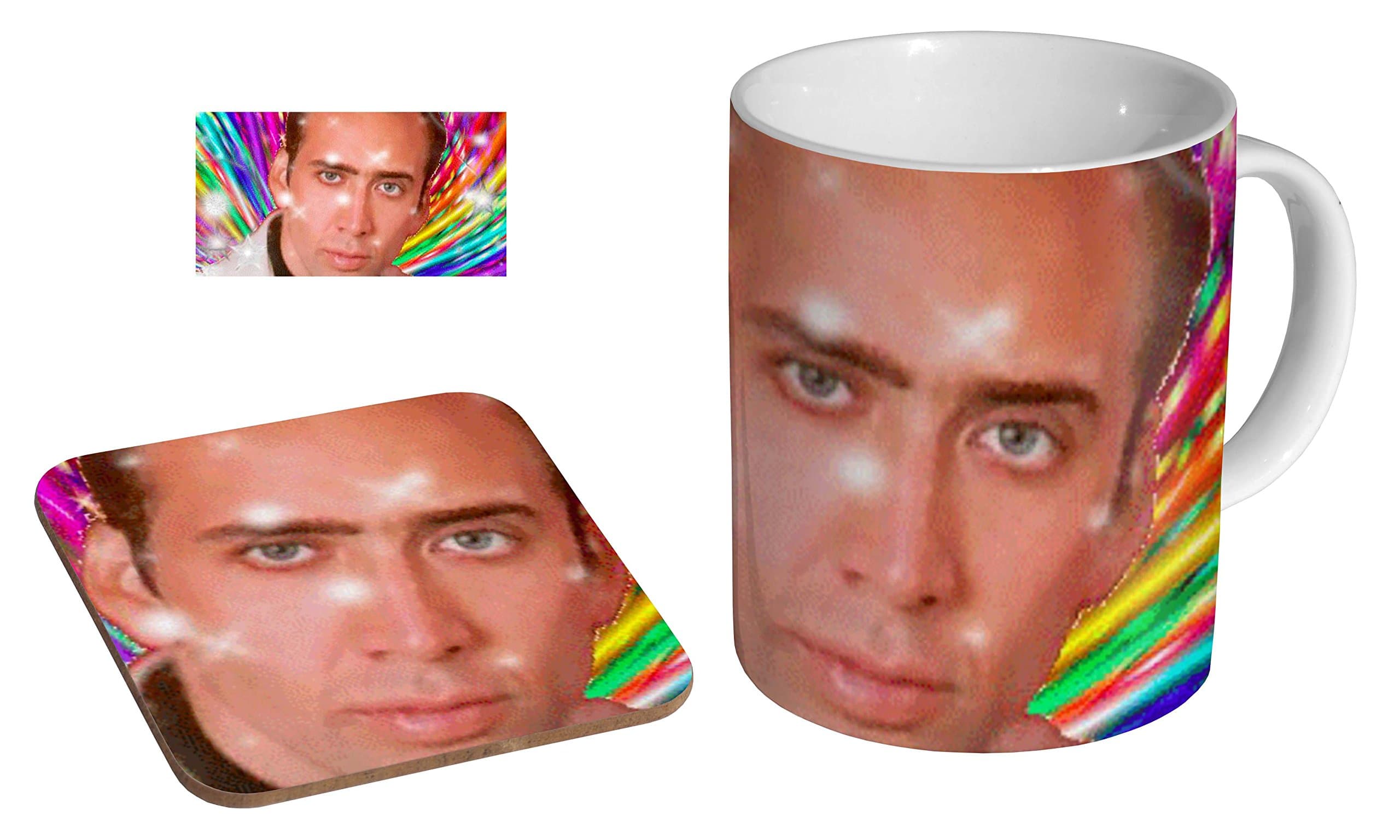 Nicolas Cage Rainbow Funny Trippy Ceramic Coffee Mug + Coaster Gift Set …