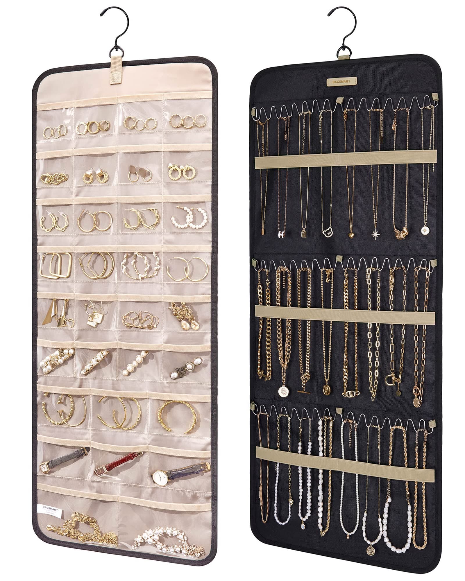 BAGSMART Hanging Jewelry Organizer Storage Roll with Hanger Metal Hook Double Sided Jewelry Holder Earring Necklace Closet Ring for Wall Door Large Black