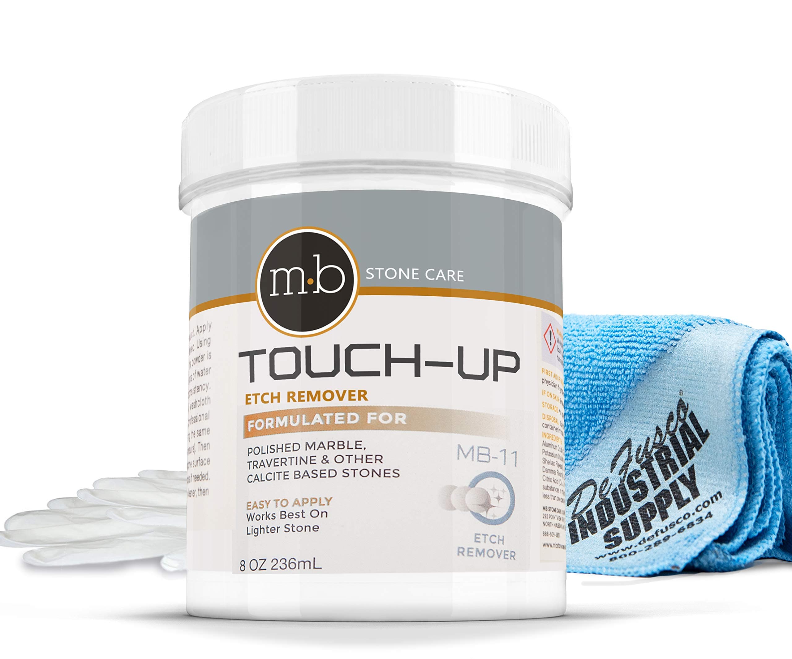 MB Stone Care MB-11 Marble Polishing Powder with Microfiber Cloth and Gloves - Spot Polish Water Stains, Rings or Etches to Restore Marble, Travertine, Limestone or Onyx