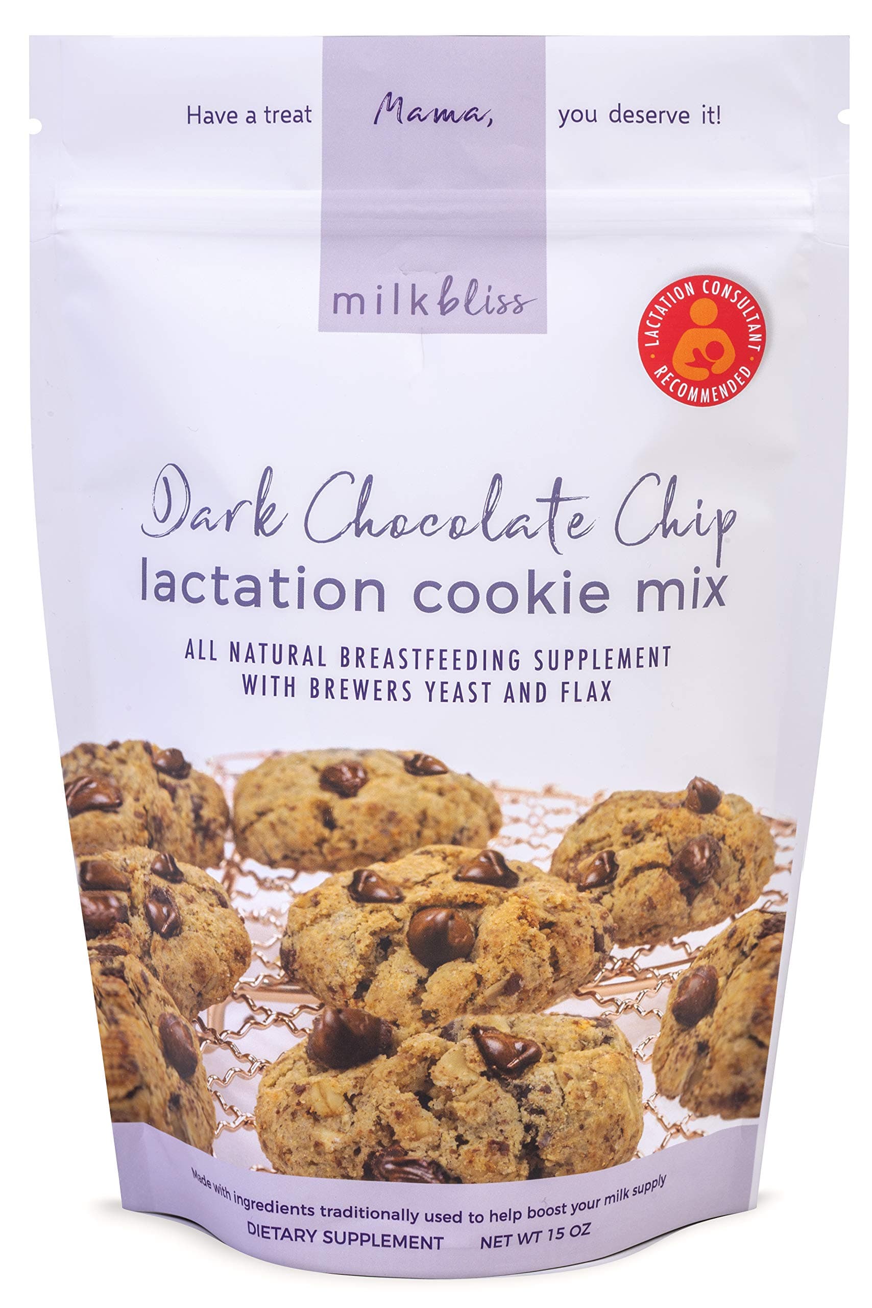 MilkBliss Dark Chocolate Chip Lactation Cookie Mix- Oatmeal Breastfeeding Cookie Supplement Support for Milk Supply Increase 15 oz