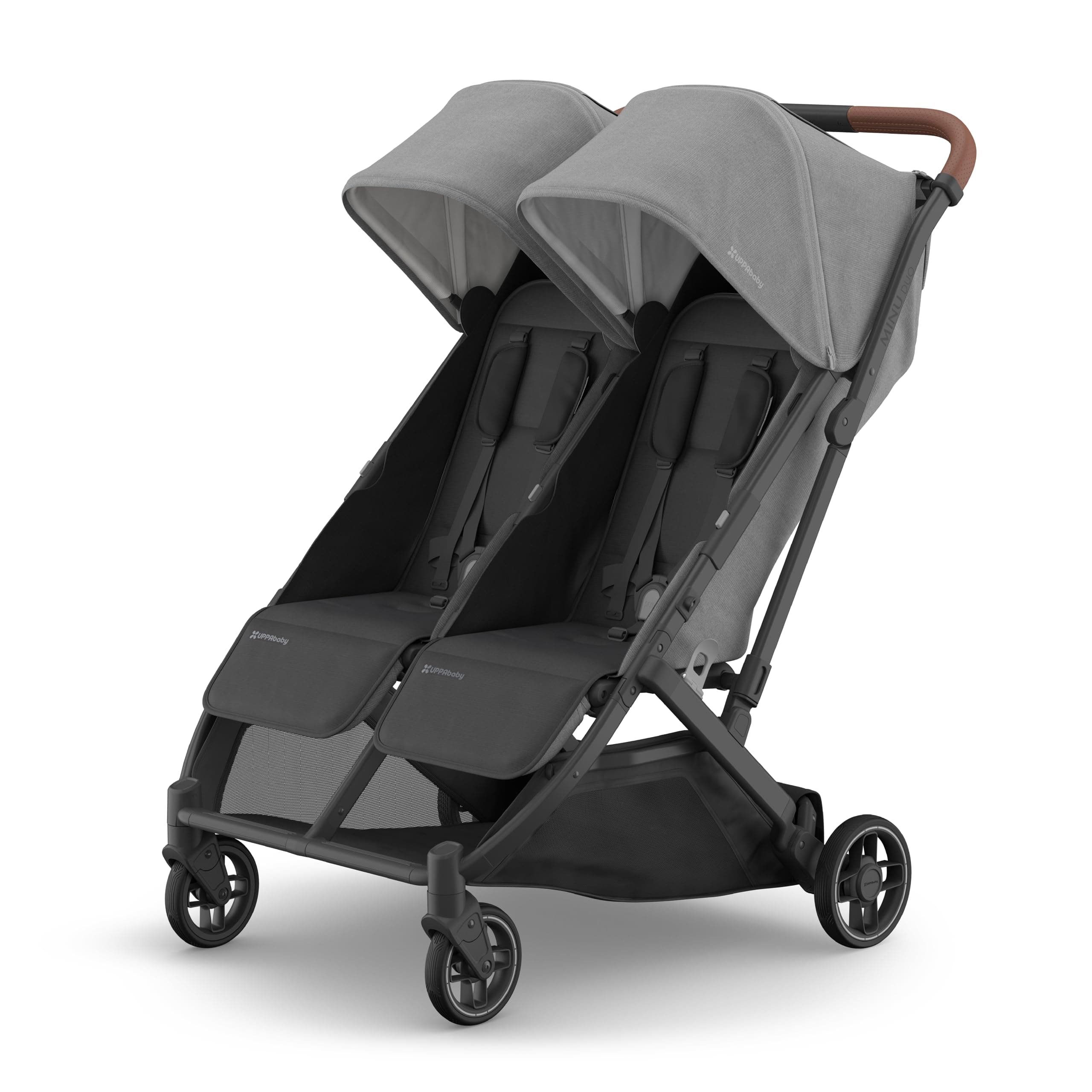 Minu Duo Side-by-Side Double Stroller - Lightweight + Compact Design for Travel - Easy Fold- From Birth to Toddler - Independent Recline -Greyson(Charcoal Mélange/Carbon Frame/Saddle Leather)