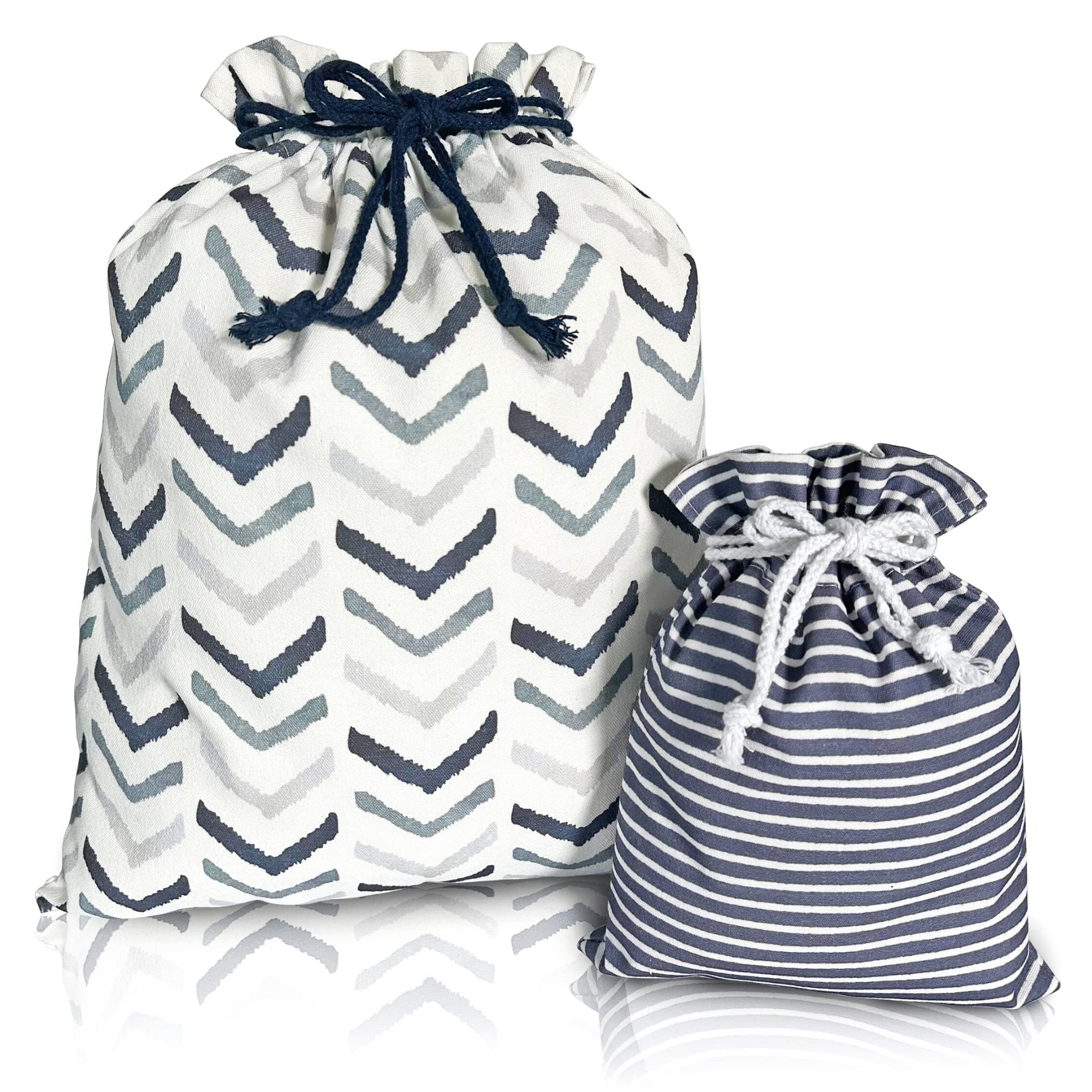 Gather & Knot Drawstring Gift Bags | 20" Large 12" Small | Premium Canvas | Gender Neutral Reusable Fabric Wrap for Mother's Day, Father's Day, Baby Shower or Birthdays | Blue Chevron