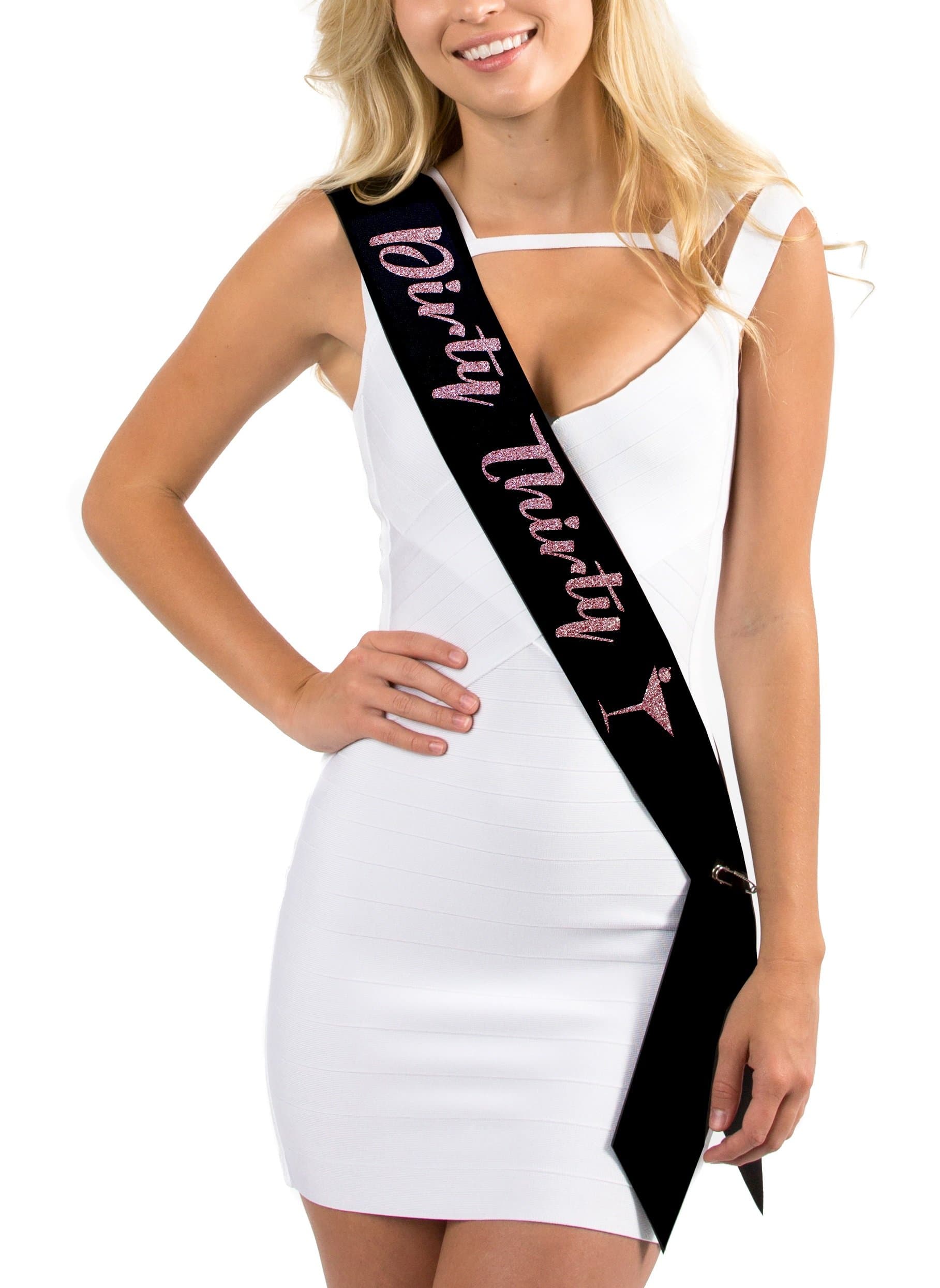 Black Satin"Dirty Thirty" Martini Inspired Birthday Sash w/Rose Gold Glitter lettering - Dirty Thirty Martini - 30th Birthday Party Supplies by Dulcet Downtown