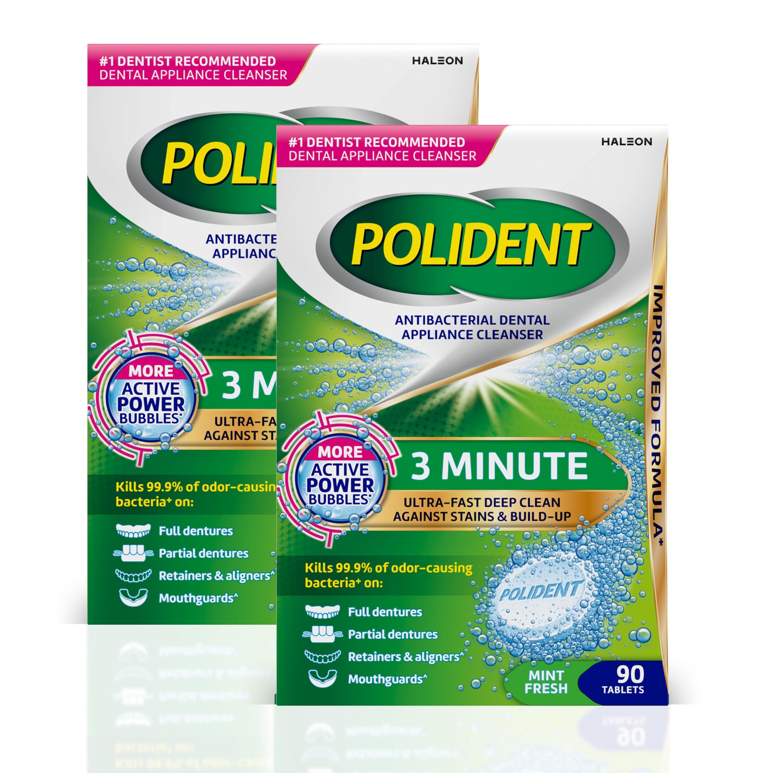 Polident 3 Minute Antibacterial Dental Appliance Cleanser Tablets, 90 Count (2 Pack)