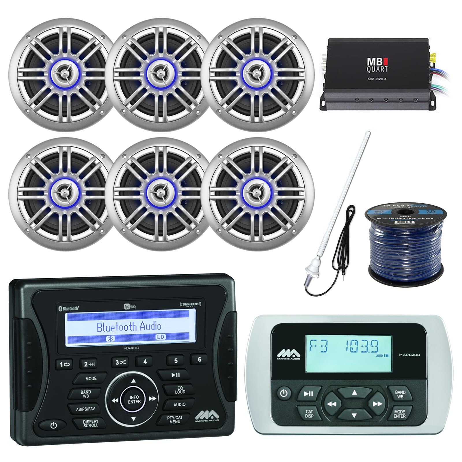 Jensen Marine Audio Bluetooth USB Stereo Receiver, 6 x Millenia 6.5" 150Watt Outdoor Silver Speaker, MB Quart 4-Ch Boat Amplifier, Jensen Remote Control, Antenna, Enrock 50 Foot 16-Gauge Speaker Wire
