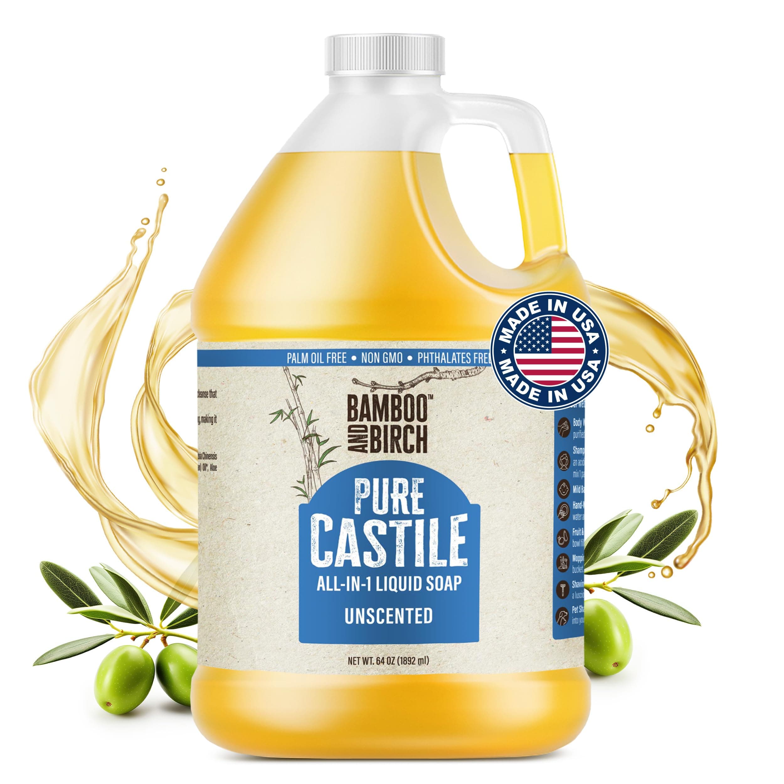 BAMBOO AND BIRCH Pure Castile Soap Liquid, Certified Palm Oil Free Natural Soap, Unscented, 64 oz
