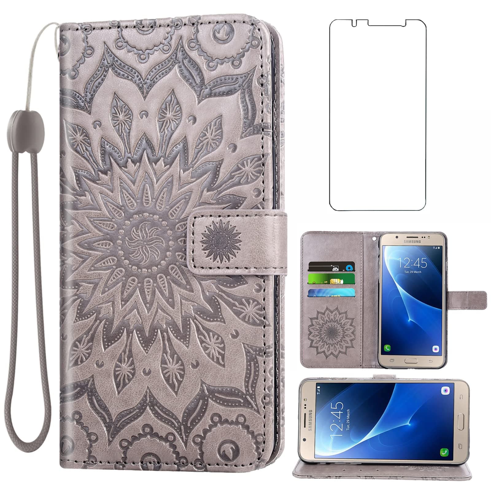 AsuwishPhone Case for Samsung Galaxy J7 2016 Wallet Cases with Tempered Glass Screen Protector and Sunflower Leather Slim Flip Cover Card Holder Stand Cell Accessories Glaxay J 7 J710 Women Men Gray