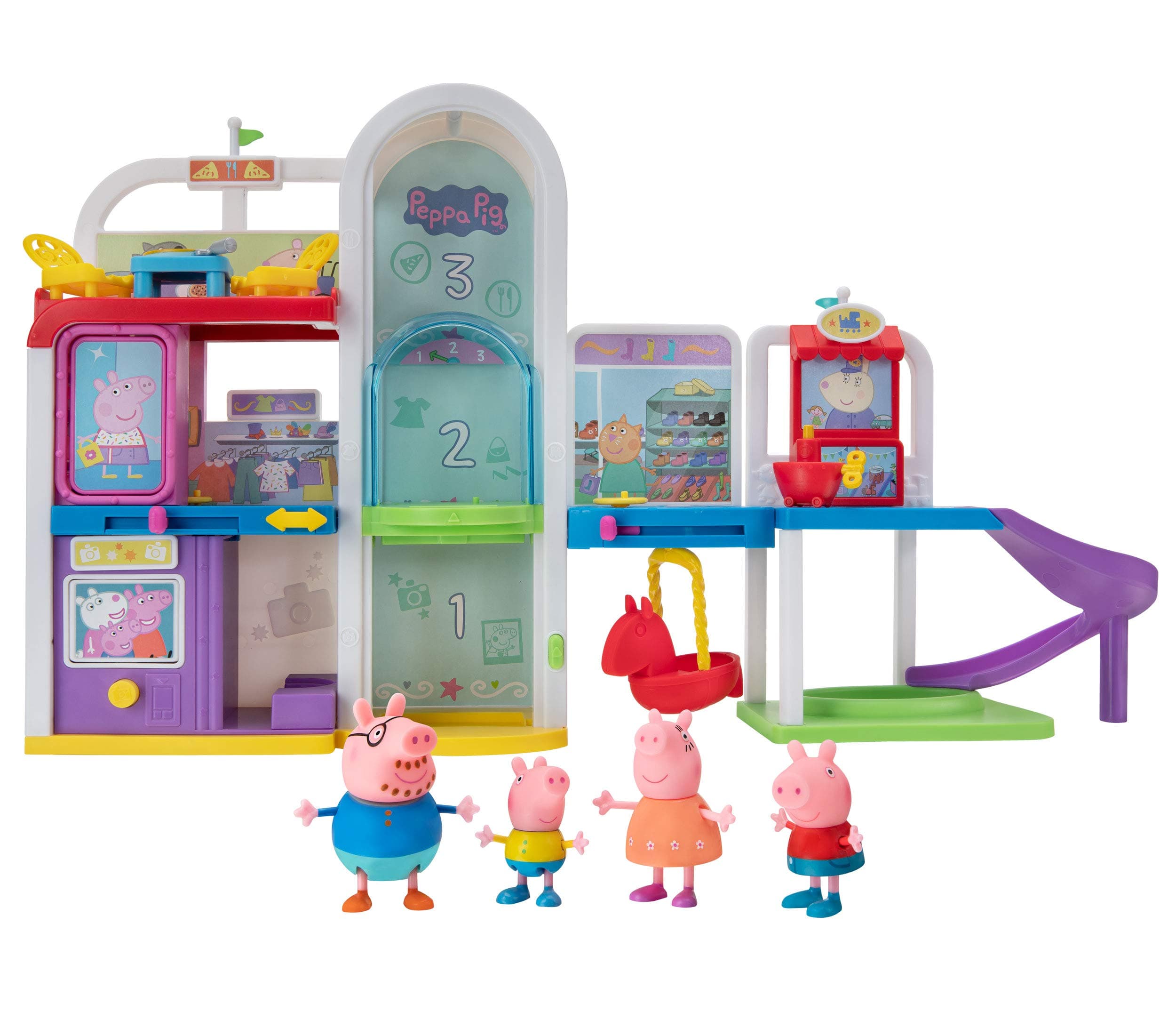 Peppa Pig Shopping Mall with Family, Includes 1 Connectable Mall Playset, 4 Character Toy Figures, 2 Chairs, 1 Pizza Table, 1 Toy Boat – for Kids - AMAZON EXCLUSIVE