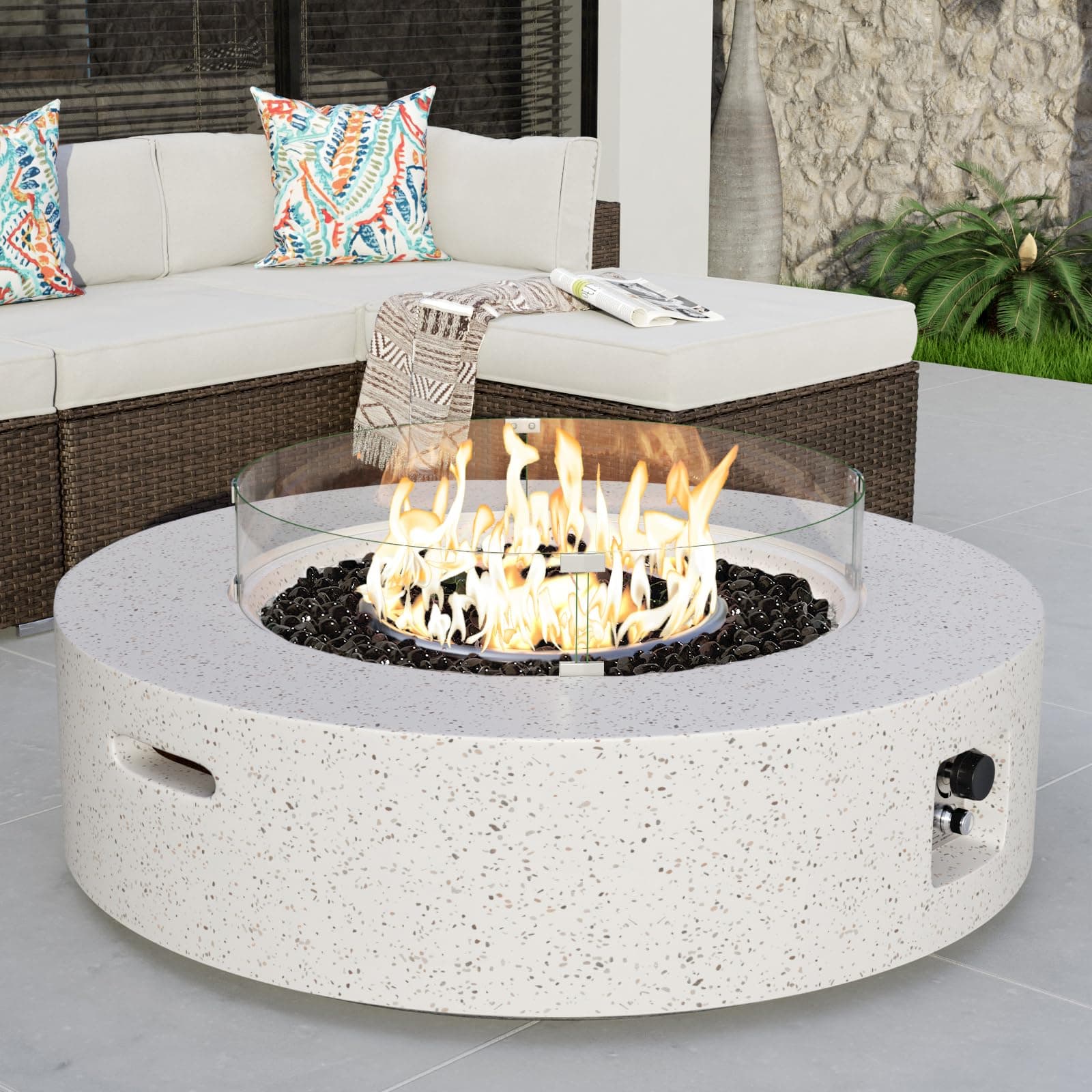 COSIEST Outdoor Propane Fire Pit Coffee Table w Terrazzo White 40.5-inch Round Base Patio Heater, Certified, 50,000 BTU Stainless Steel Burner, Wind Guard, Black Fire Glass, Rain Cover