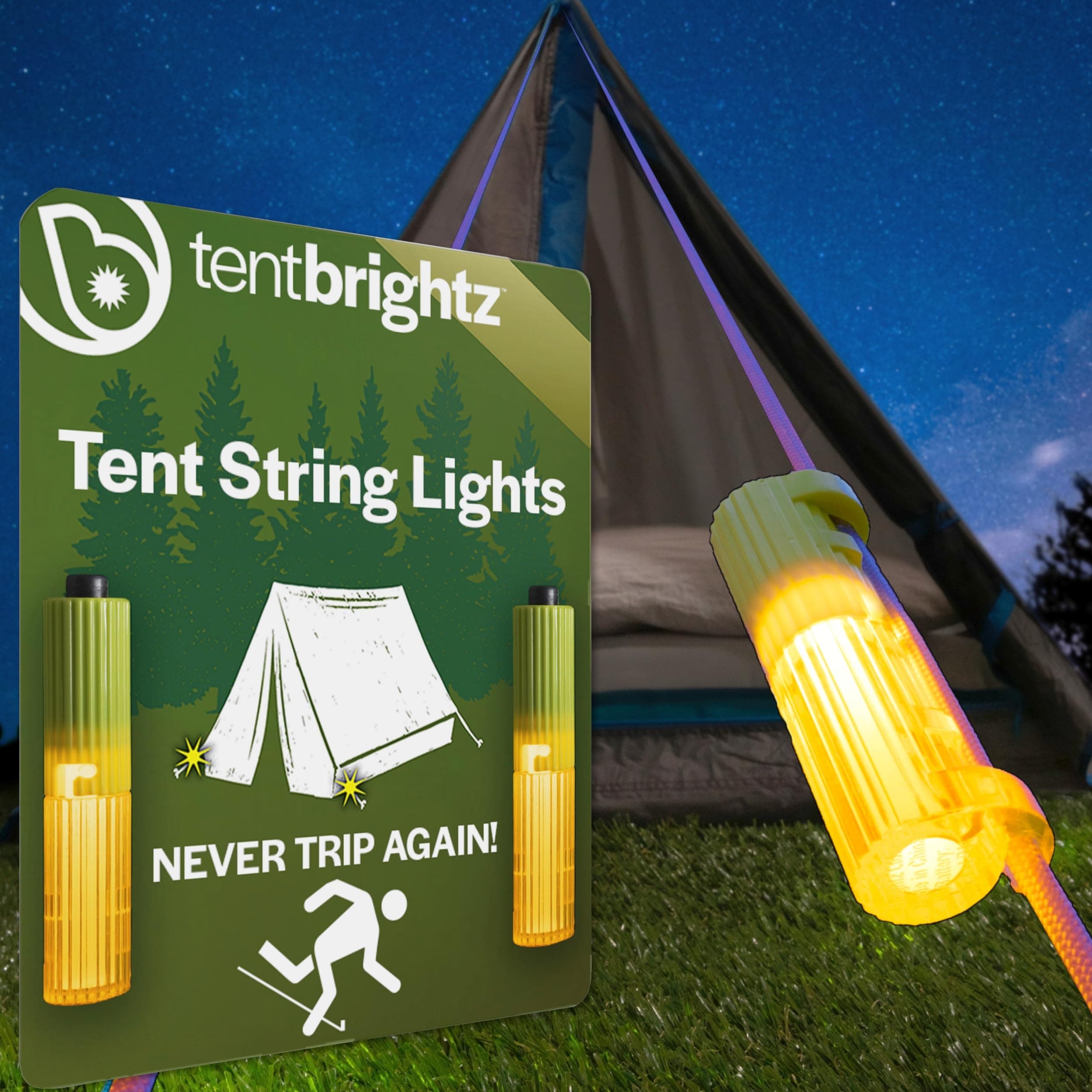 Brightz LED Tent String Lights - Keep Tent Guy-Lines Visible at Night - Campsite Safety Lights