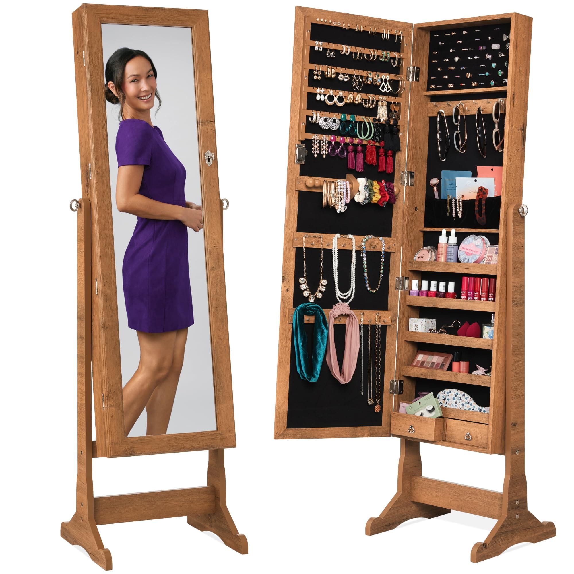 Best Choice Products Freestanding Jewelry Armoire Cabinet, Full Length Standing Mirror, Lockable Makeup Storage Organizer, w/Velvet Lining, 3 Angles, Lock, Accessory Pouch, 5 Shelves - Rustic Brown