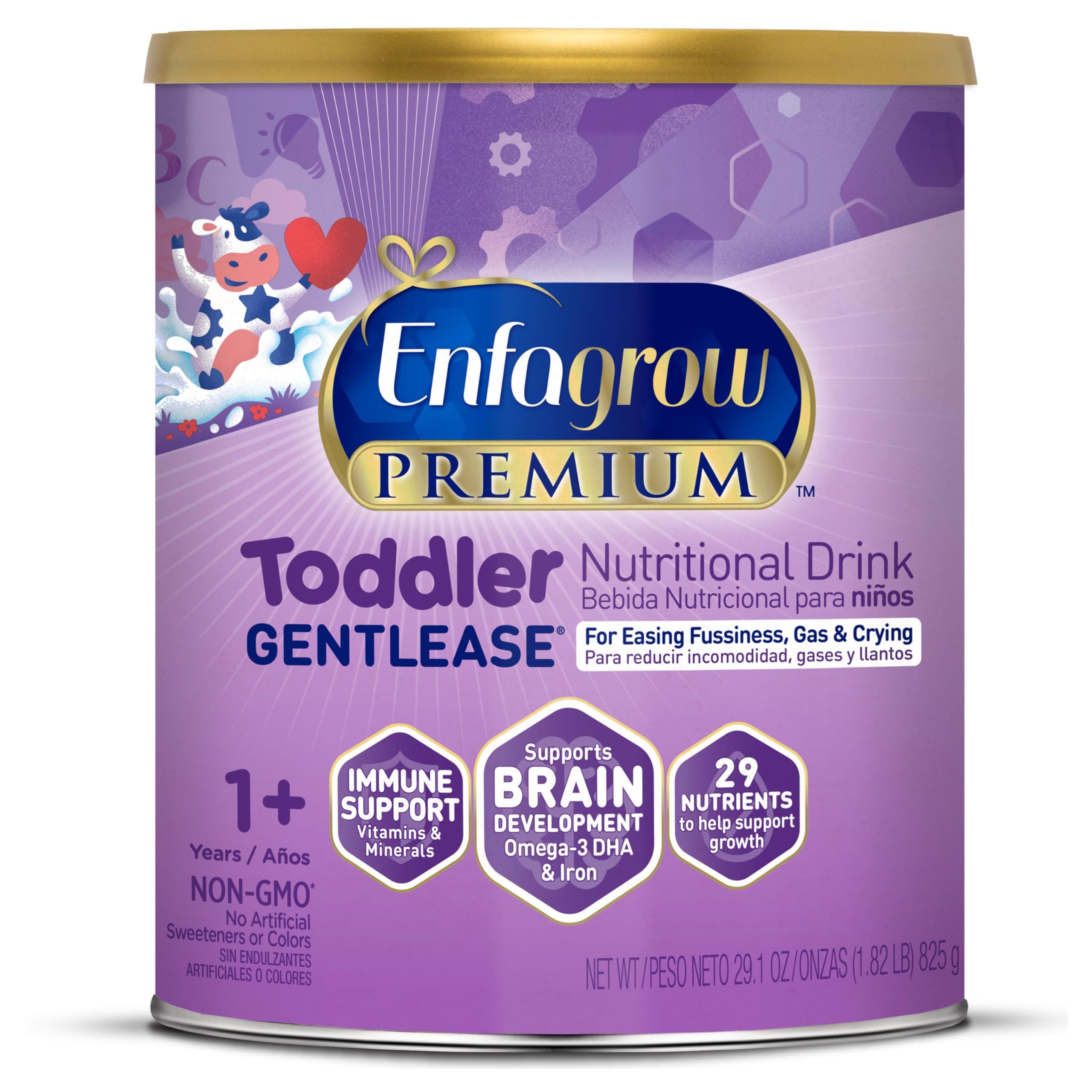 PREMIUM Gentlease Toddler Nutritional Drink, Made with Real Milk, Designed to Ease Fussiness, Gas & Crying, Brain-Building Omega-3, Nutrients for Growth & Immune Support, Powder Can, 29.1 Oz