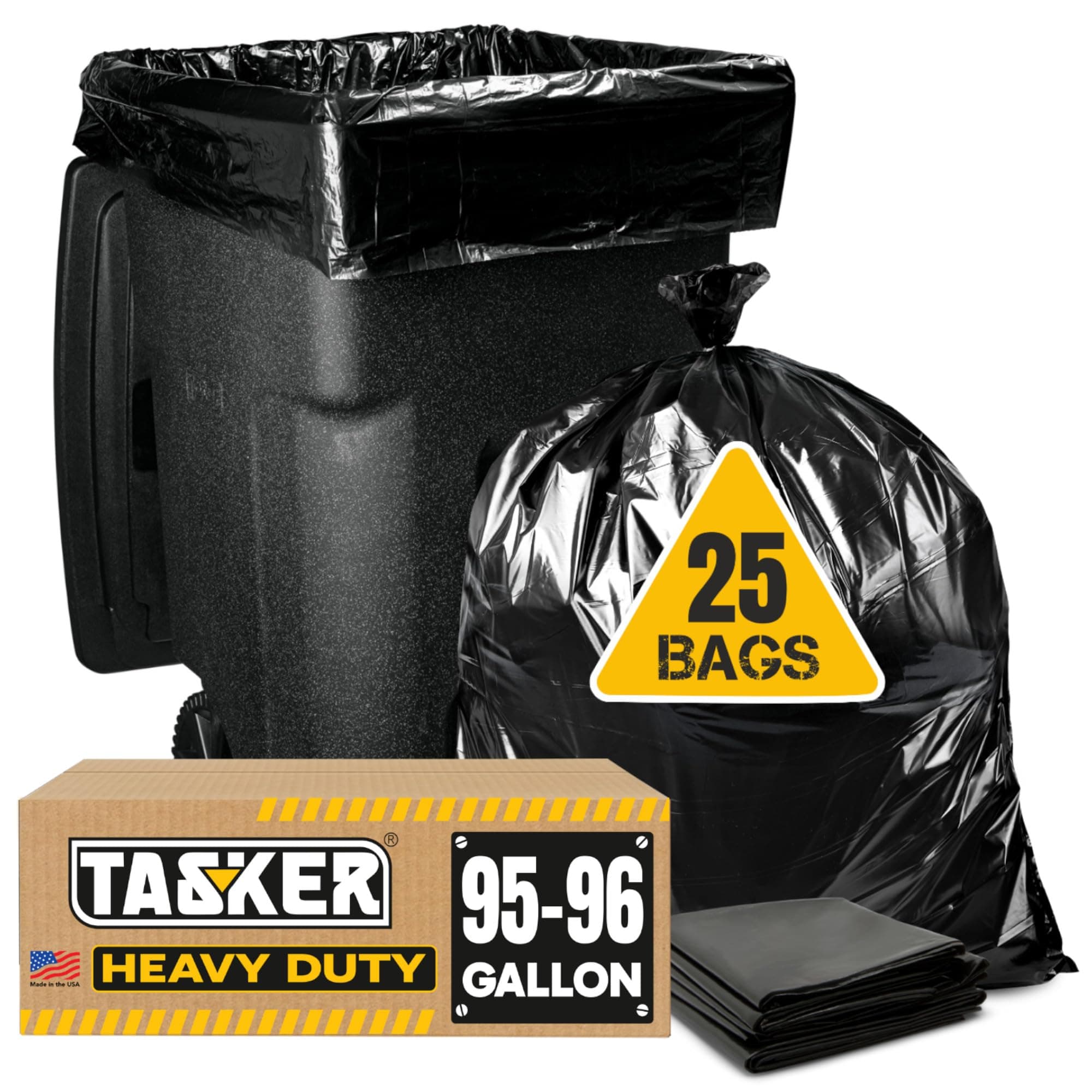 - Tasker 95 Gallon Contractor Garbage Bags - 2 Mil Extra Heavy Duty Trash Bags - 96-100 Gallon Trash Can Liners, Industrial Trash Bags with Ties - 25 Count