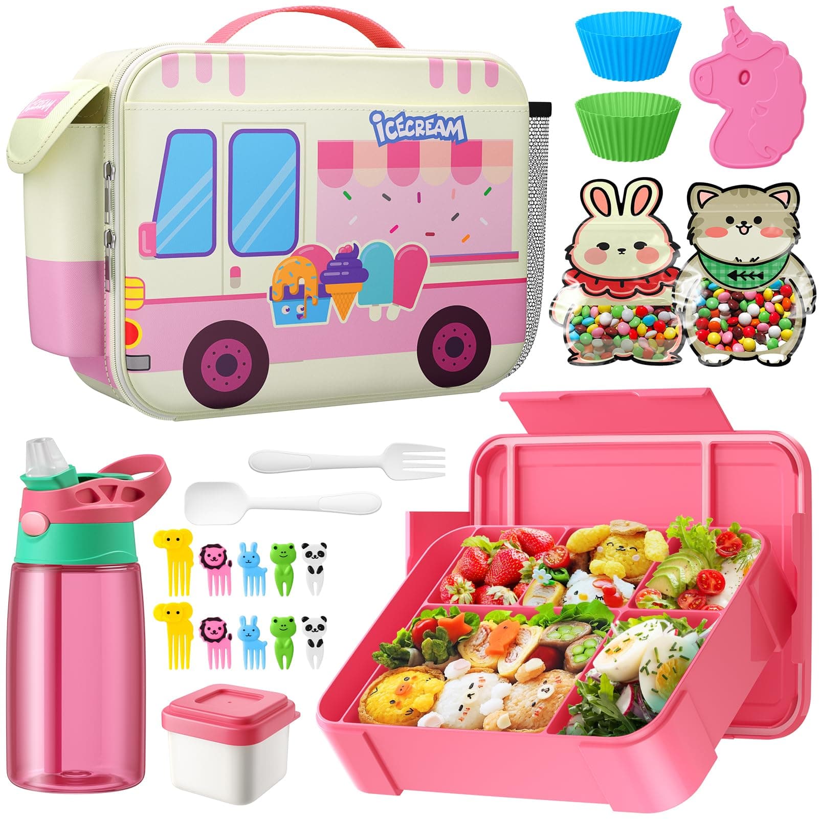 Bento Lunch Box Set with Insulated Bag, Water Bottle, Ice Pack Set for Kids, Toddlers, Girls - 6 Compartments Lunch Container for School, Microwave/Dishwasher, BPA-Free(Pink Ice Car)