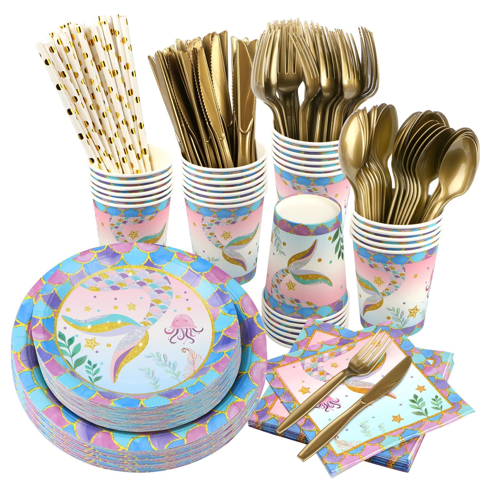 URbazaar 200 Pcs Mermaid Birthday Party Supplies, Serves 25 Plates, Napkins, Cups, Plastic Knives, Forks, Spoons,Straws for Girls Birthday Parties, Mermaid Theme Disposable Party Supplies Set