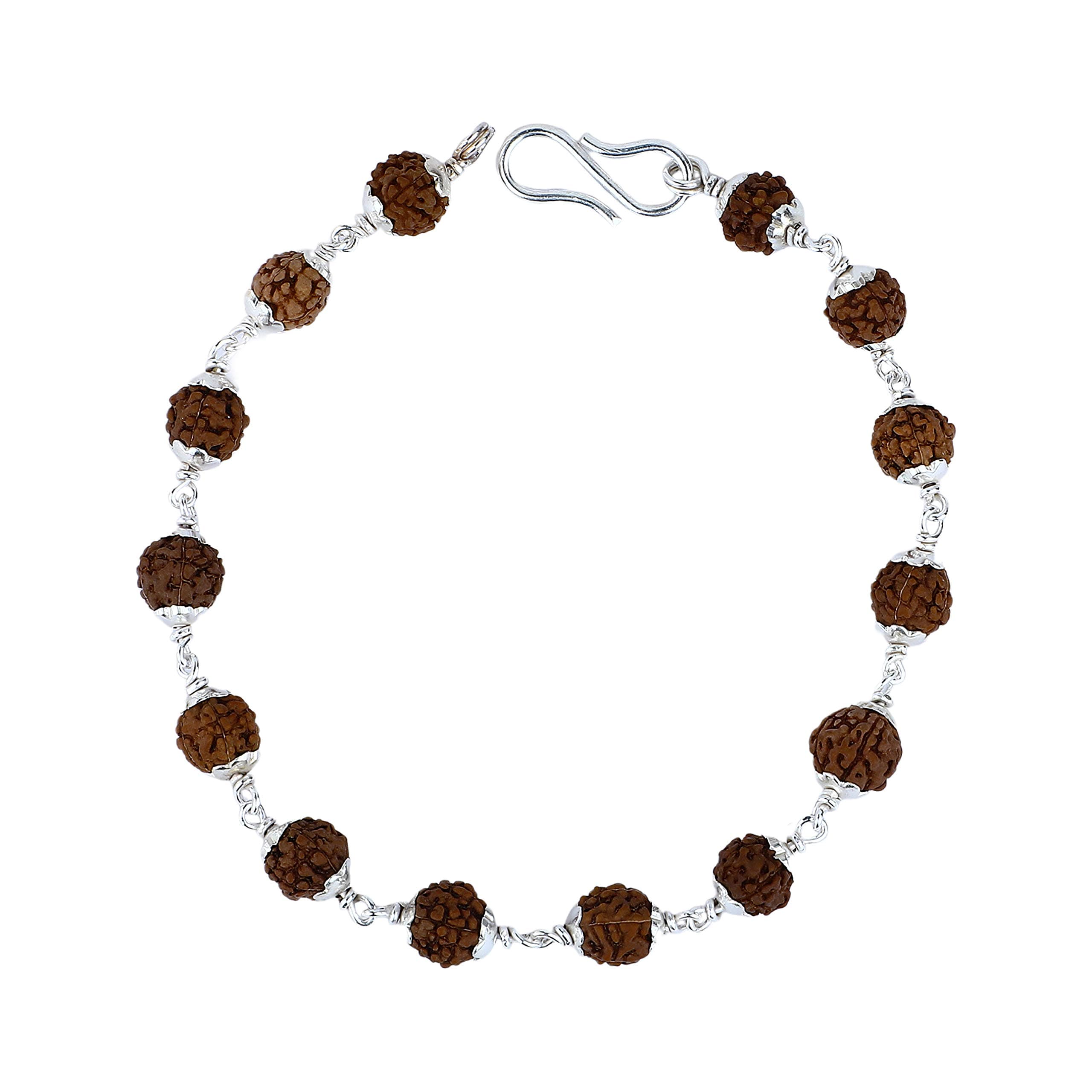 Lab Certificate Handmade Strong Pure Sterling Silver 7 mm Beads 5 Mukhi Rudraksha Bracelet for Men (Natural Brown & Silver)