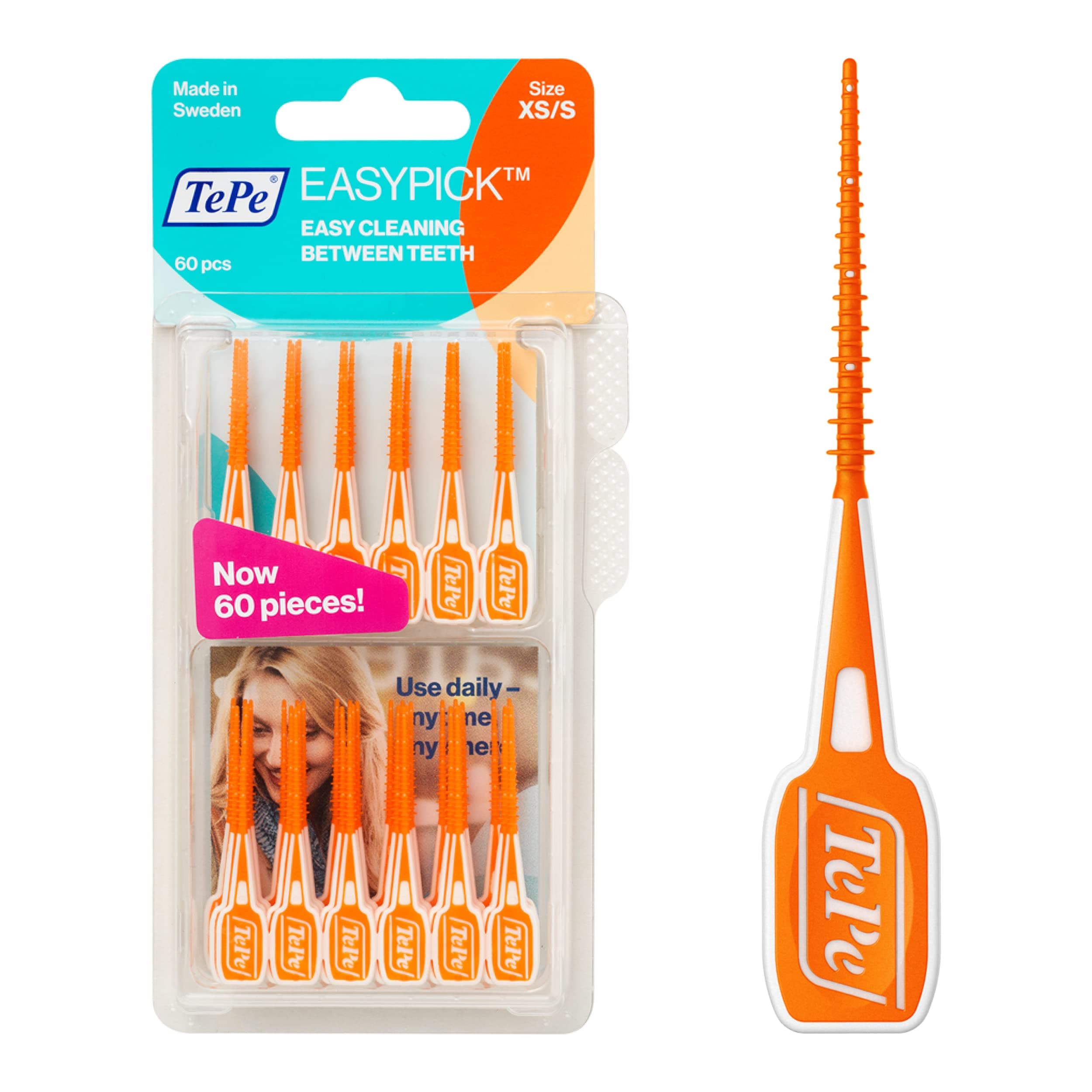 Tepe Adult Easypick Manual Dental Picks For Daily Oral Hygiene, Healthy Teeth And Gums, Size Xs/S / 1 X 60 Picks,Orange