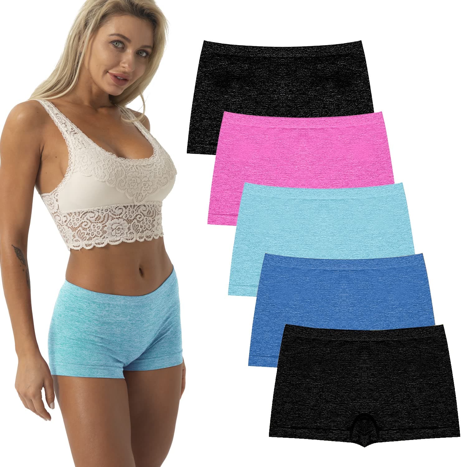 R RUXIAWomen's Boyshorts Underwear Seamless Boy Shorts Panties Soft Stretch Boxer Briefs 5 Packs(Regular & Plus Size)