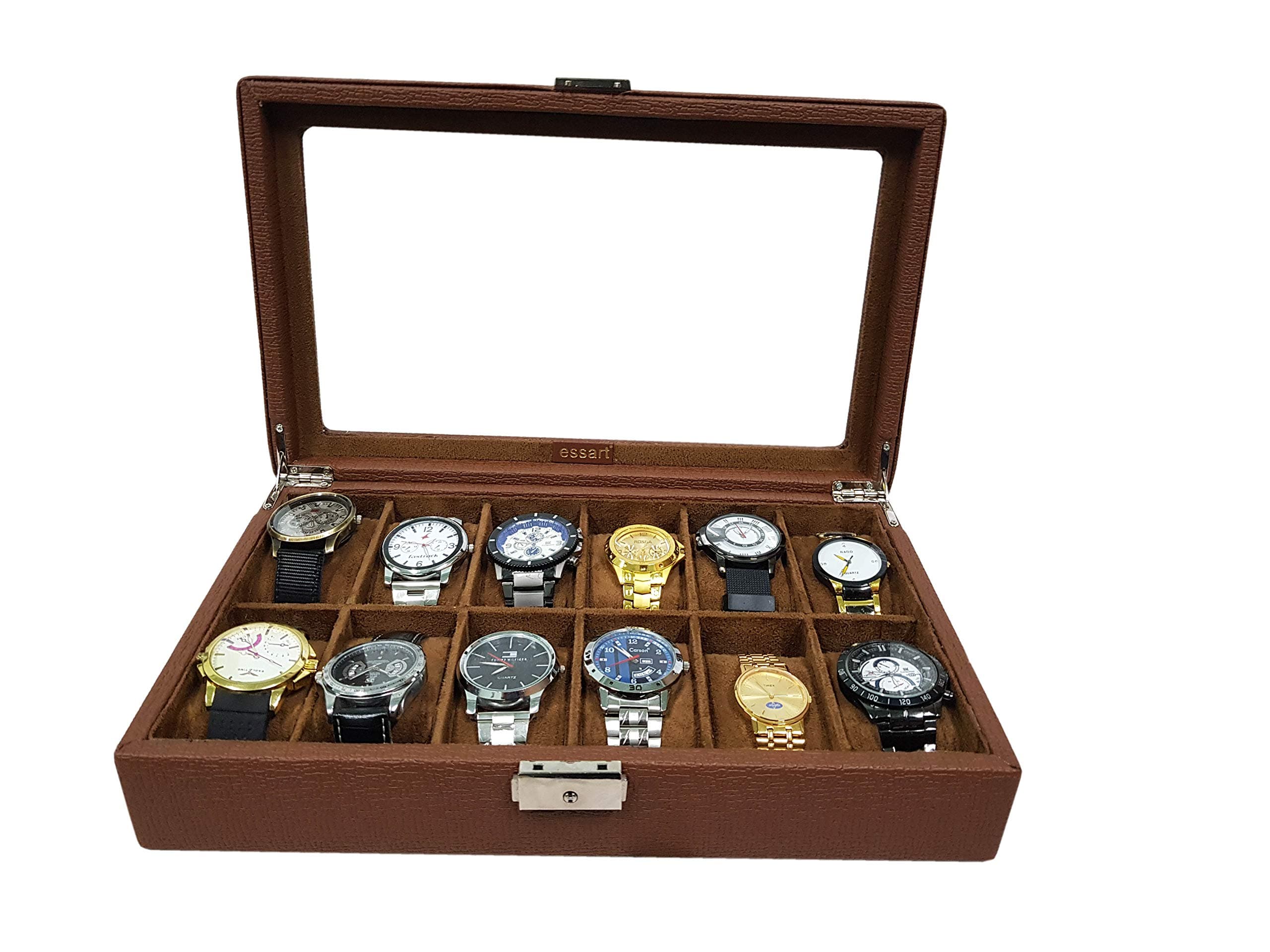 Premium 12 Grid Watch Display Case/Jewellery Storage Organiser/Silver Hinges with Turn Lock Closure - Tan