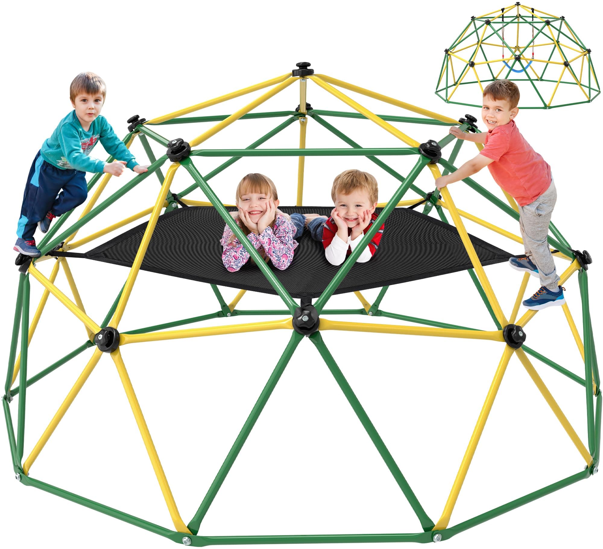 Climbing Dome, 10FT Dome Climber with Hammock & Swing, Outdoor Jungle Gym Supports 1000lbs, Easy Assembly Playground Jungle Gym Backyard Play Equipment, Yellow+Green