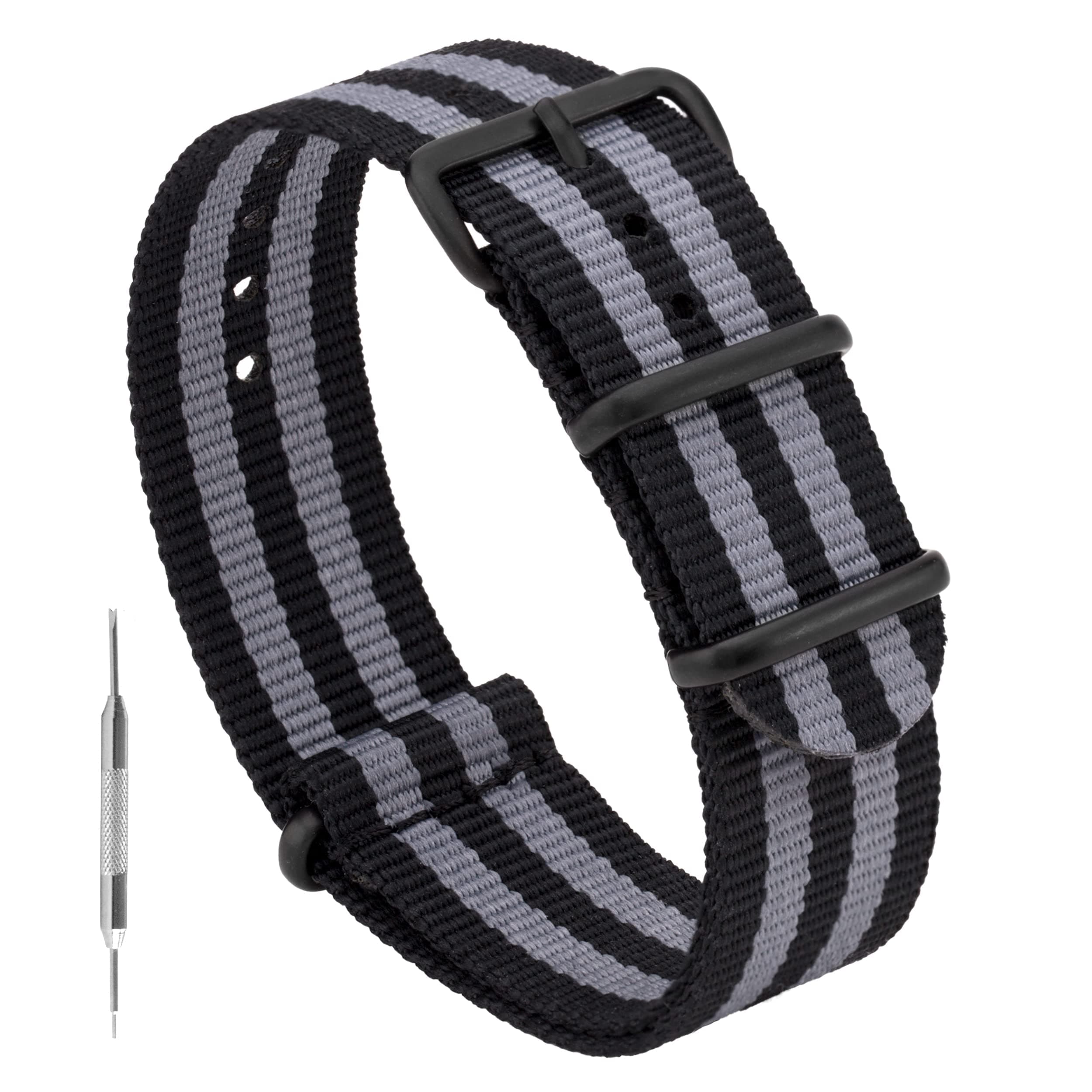 Benchmark Basics Nylon Watch Band - Waterproof Ballistic Nylon One-Piece Military Watch Straps for Men & Women (18mm, Black / Grey Bond Striped PVD)