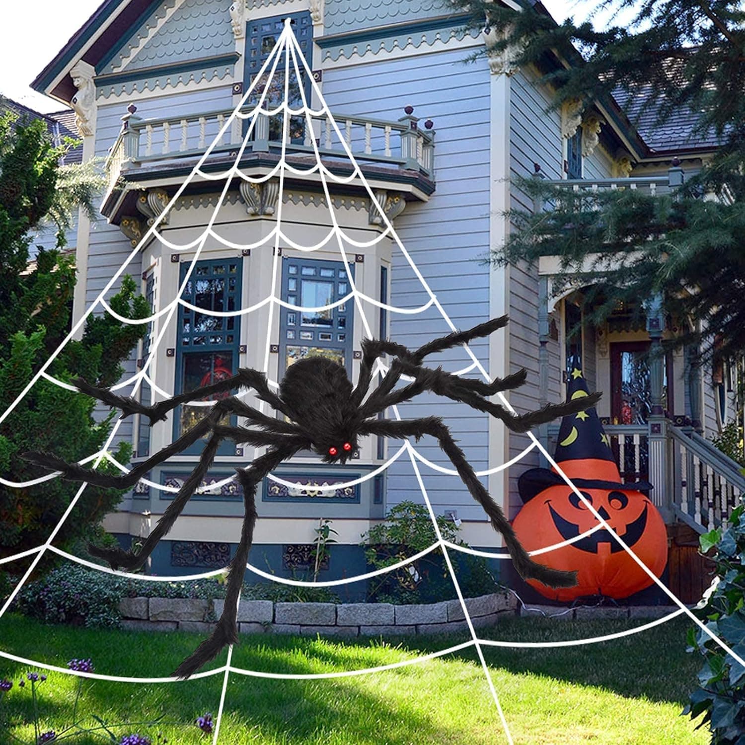 Tiokkss Halloween Decorations Outdoor, 7M Large Halloween Spider Web Decor 150cm Giant Spider 20pcs Little Spider, Fake Scary Hairy Spider Props for Outside Halloween Yard Party Haunted House Decor