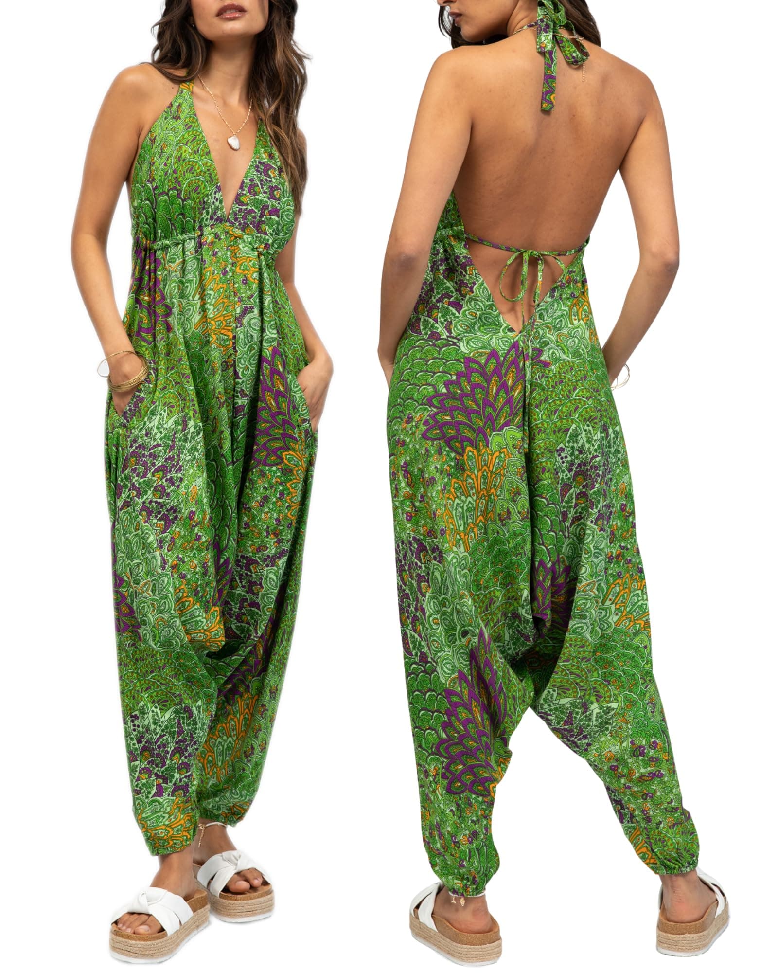 Jumpsuits for Women UK - Harem Jumpsuit All in One - Halter Neck Genie Romper with Pockets - Sexy & Comfy One Piece Ideal for Holidays