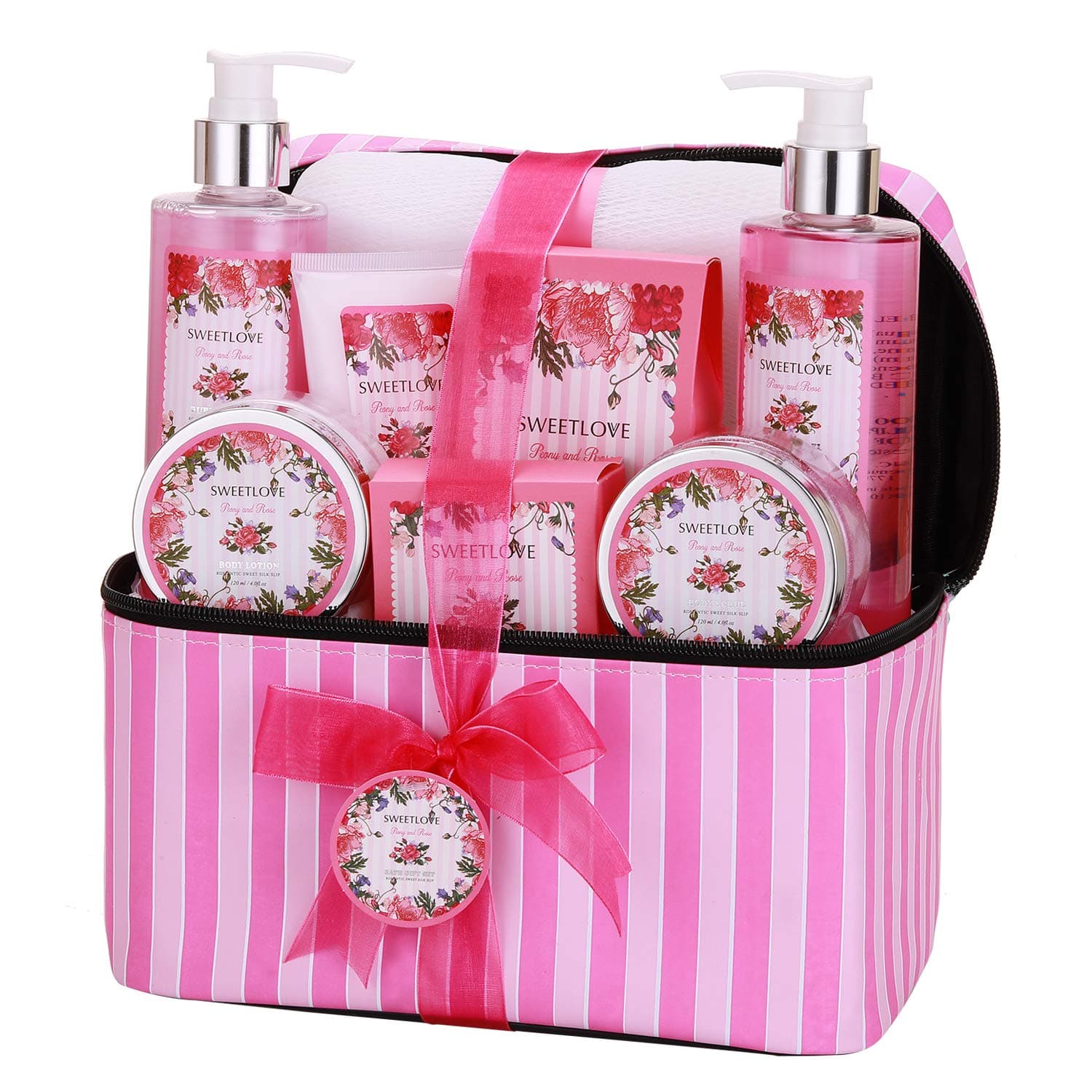 Valentine's Day Gifts - Home Spa Gift Set with Cosmetic Bag, SWEETLOVE Gift Basket 9-Piece, Rose& Peony Scent,Best gifts for Women, Christmas,Mother's Day.